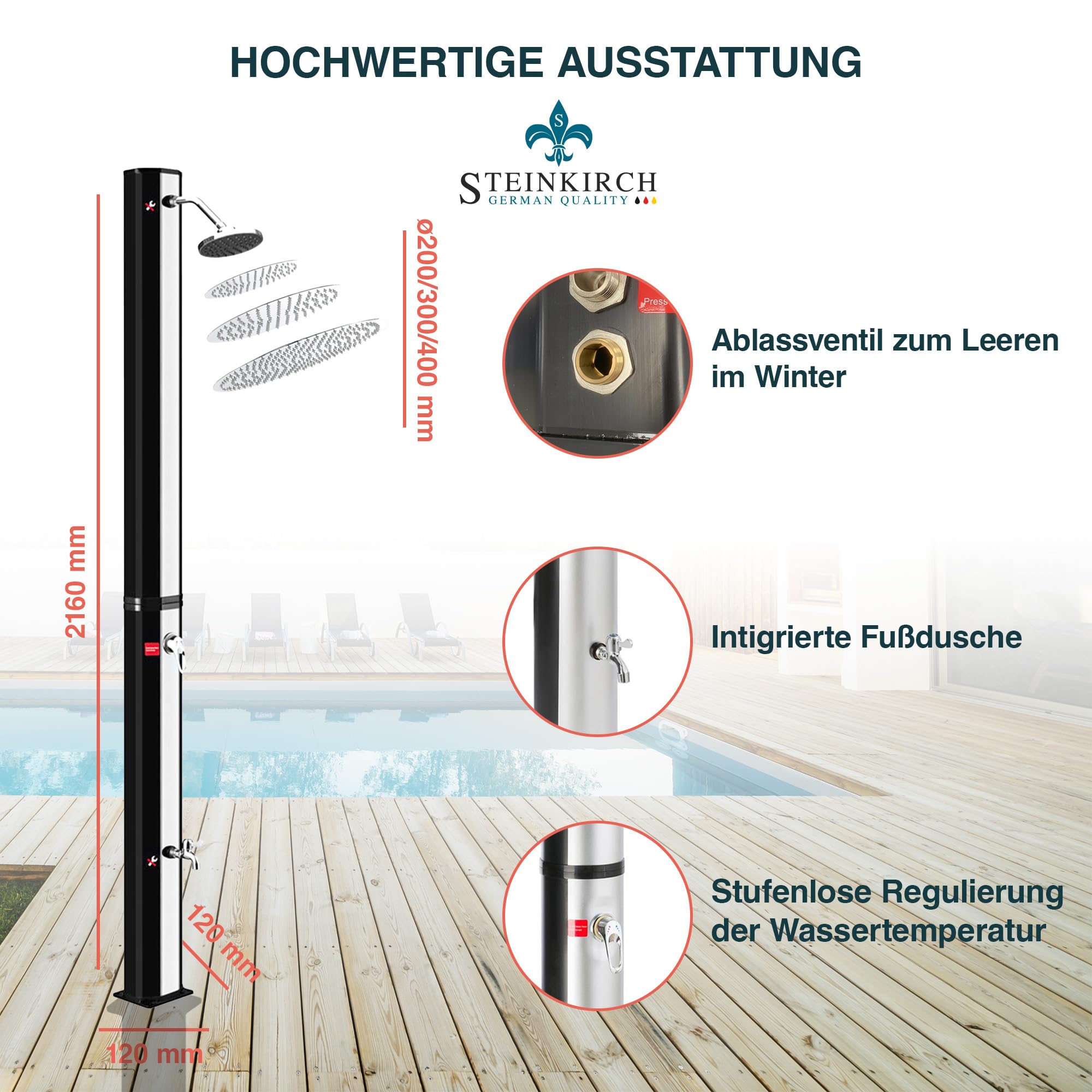 Solar Gartendusche 35L mit Edelstahl Duschkopf Ø 200 mm Pooldusche Campingdusche Außendusche mit Fußdusche und Einhebelmischarmatur Solardusche Garten Wassertemperatur bis 65°C