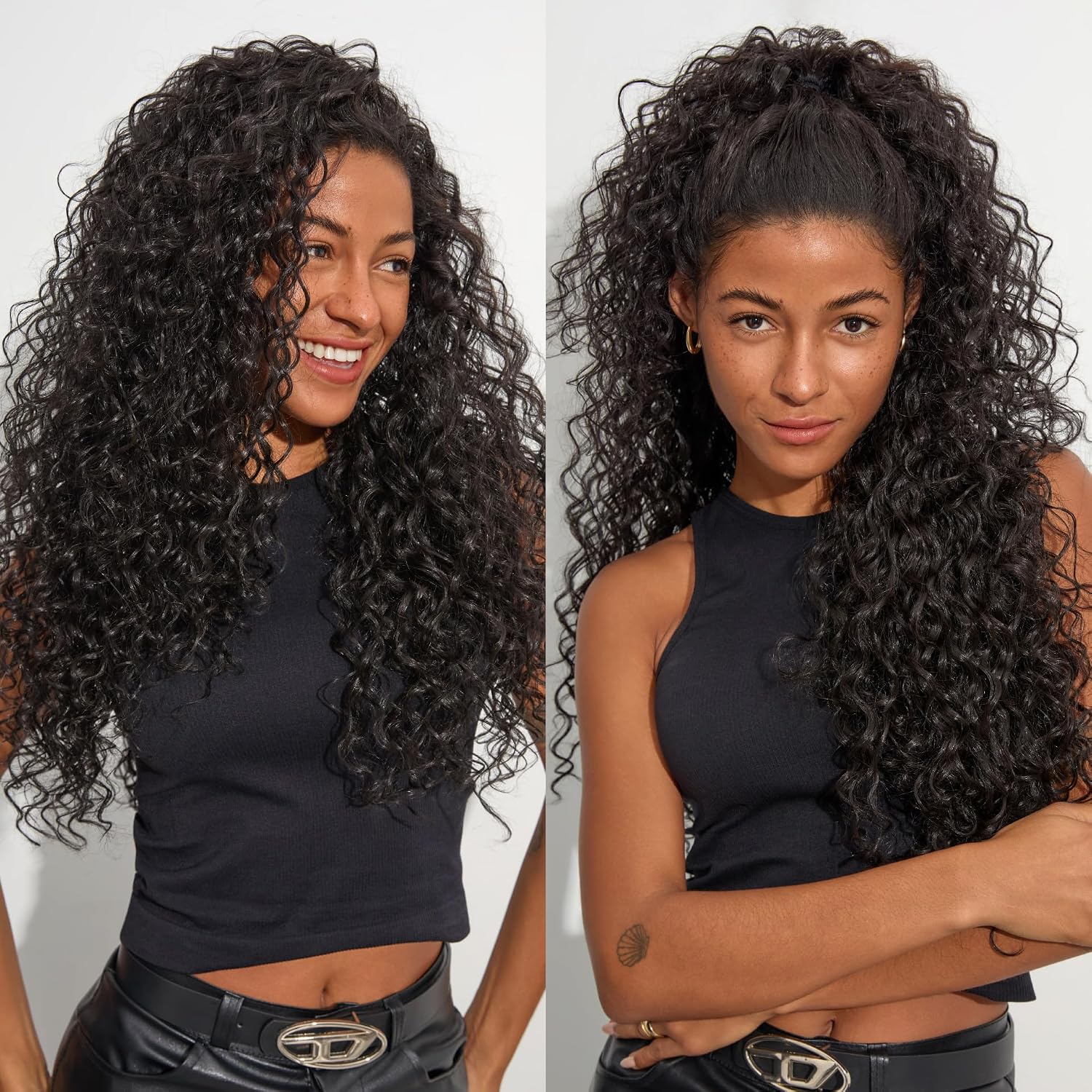 Frodio Curly Half Wig 26 Inches Headband Wig Veralux™ Fiber Glueless Wig 3 in 1 Shaggy Wave Flip Over Drawstring Wig 200% Density Ready to Go for Women Natural Black