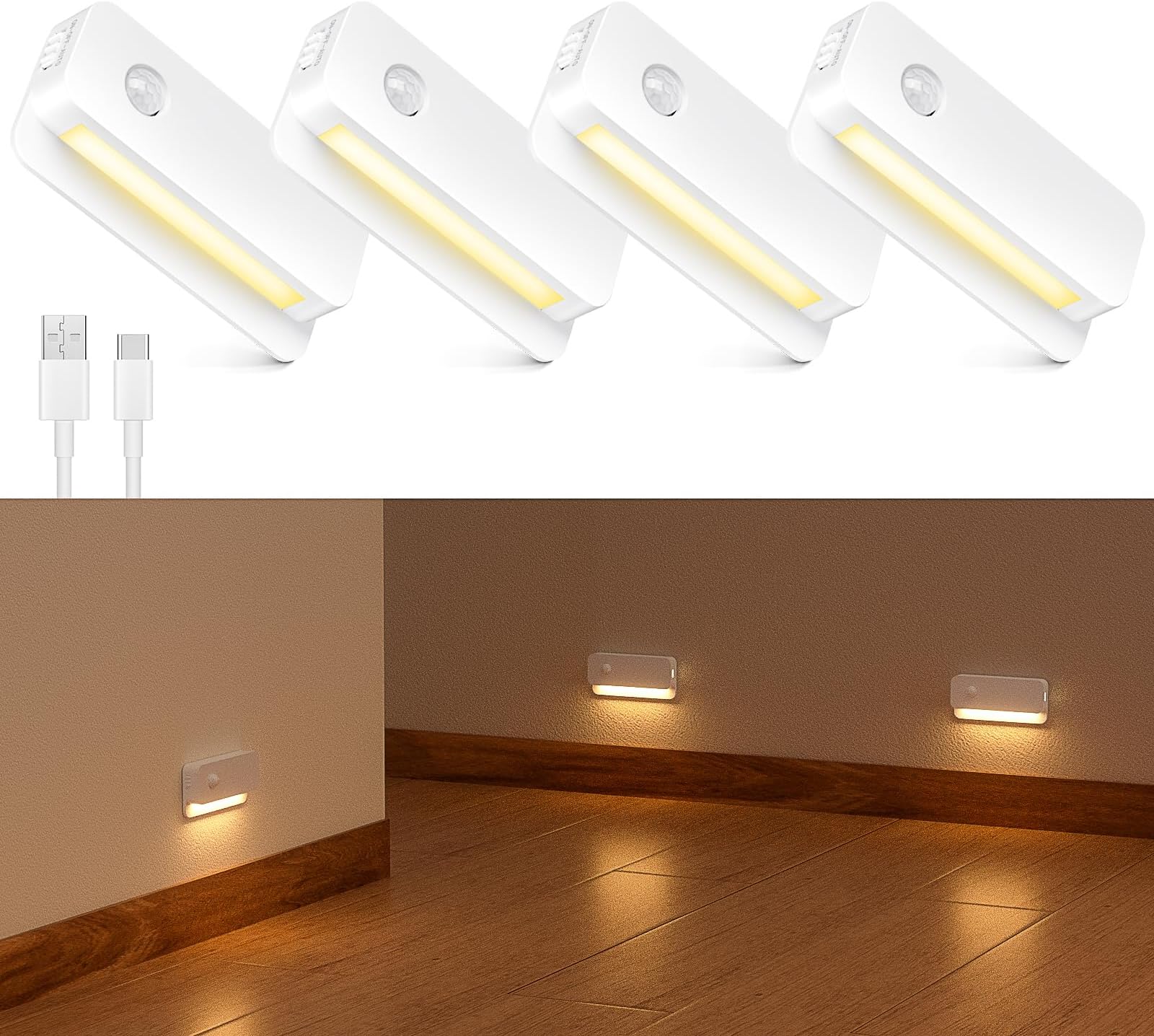 4 Pack Motion Sensor Night Light, Rechargeable Stair Lights Indoor, Warm White Motion Sensor Light Indoor, Battery Operated Night Light for Hallway, Stairway, Bathroom, Bedroom, Kitchen