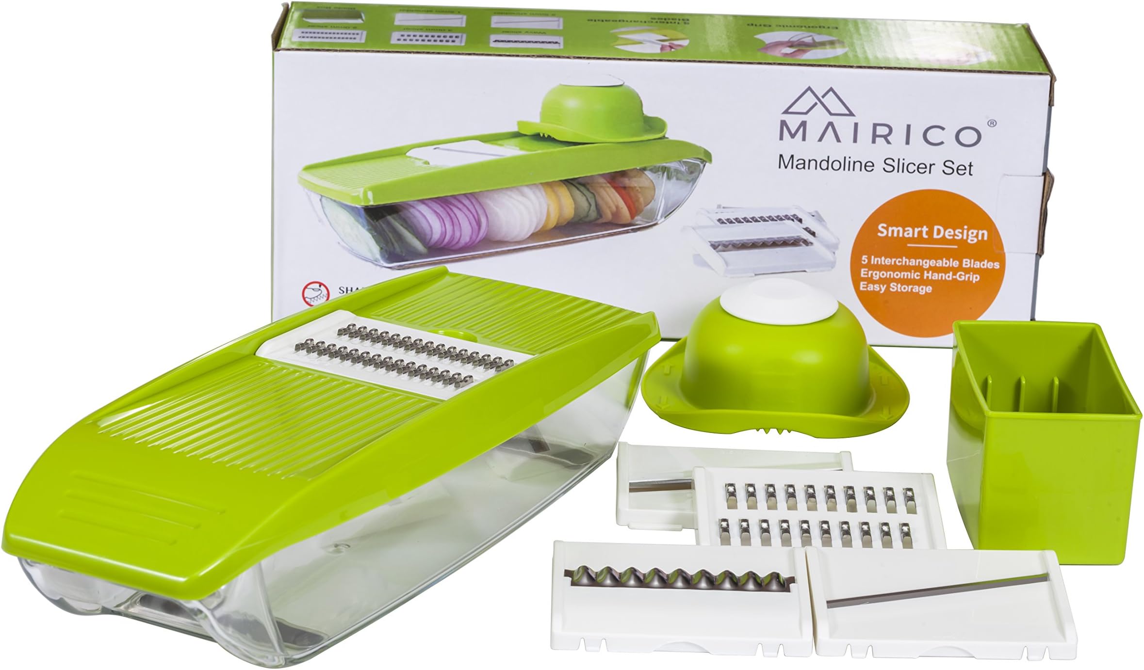 MAIRICO Mandoline Slicer with Container - Premium Julienne Vegetable Slicer with 5 Ultra Sharp Interchangeable Stainless Steel Blades and Hand Guard