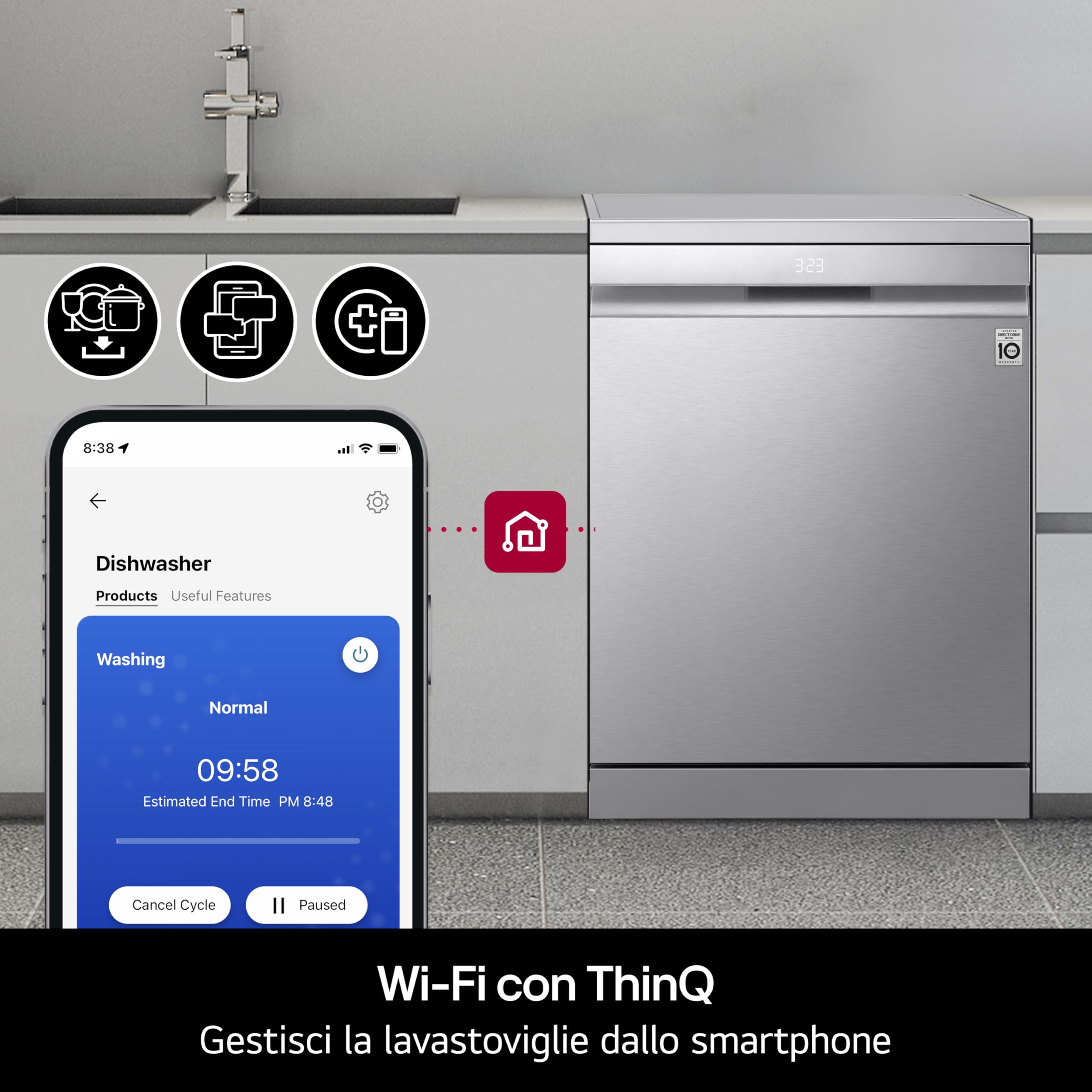 LG DF375HWS Lavastoviglie Libera Installazione Classe A, 14 Coperti, Lavaggio a Vapore TrueSteam, LED Esterno, Sistema QuadWash con 4 Bracci Irroratori, Serie 5, Auto-Apertura, 43dB, Wi-Fi, Bianco