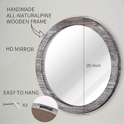 Miniatura 2 de Espejo redondo de pared de 20 pulgadas para baño, espejo circular para el hogar, espejo de marco de madera para sala de estar, dormitorio, entrada y