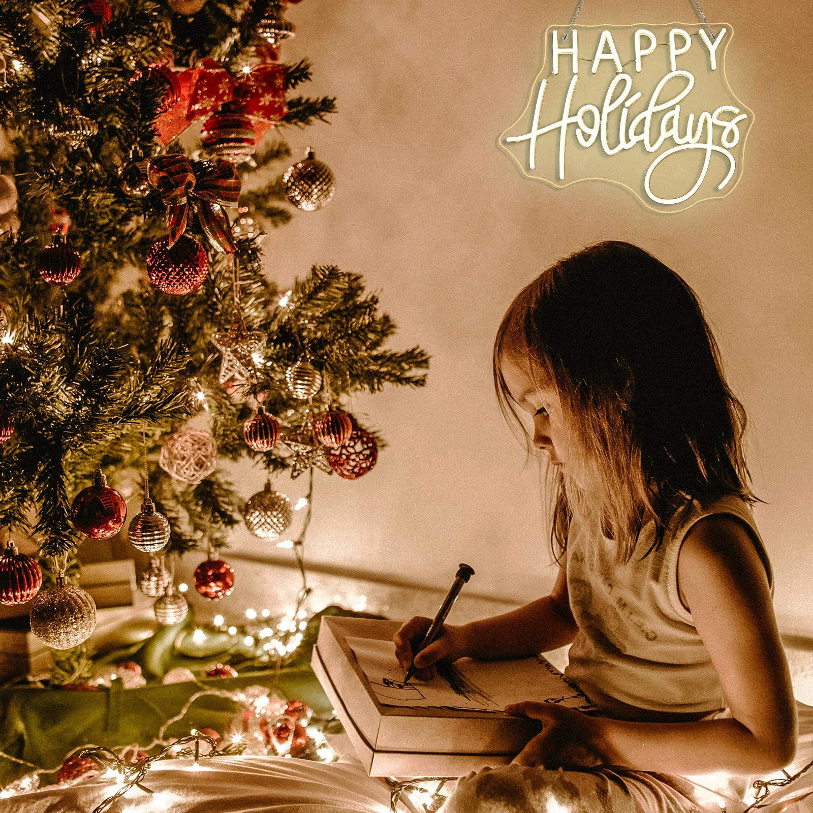 Horseneon Letrero de neón Happy Holidays para decoración de pared, árbol de Navidad, luz LED de neón con alimentación USB para fiestas, ventanas, decoración del hogar, dormitorio, sala de estar