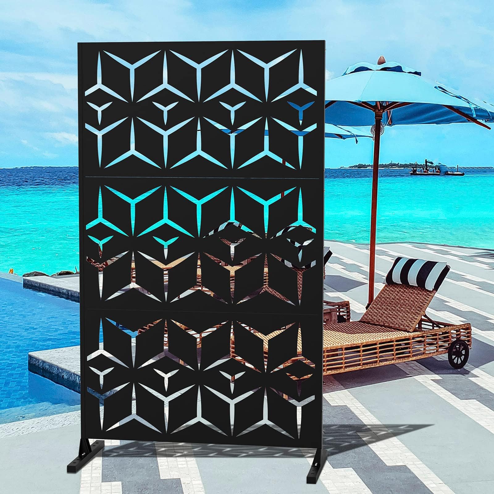 Outdoor Privacy Screens and Panels, Metal Privacy Screen Freestanding, Decorative Outdoor Divider with Stand, Laser Cut Steel Privacy Fence Panels for Patio Deck Balcony Backyard Garden, Black
