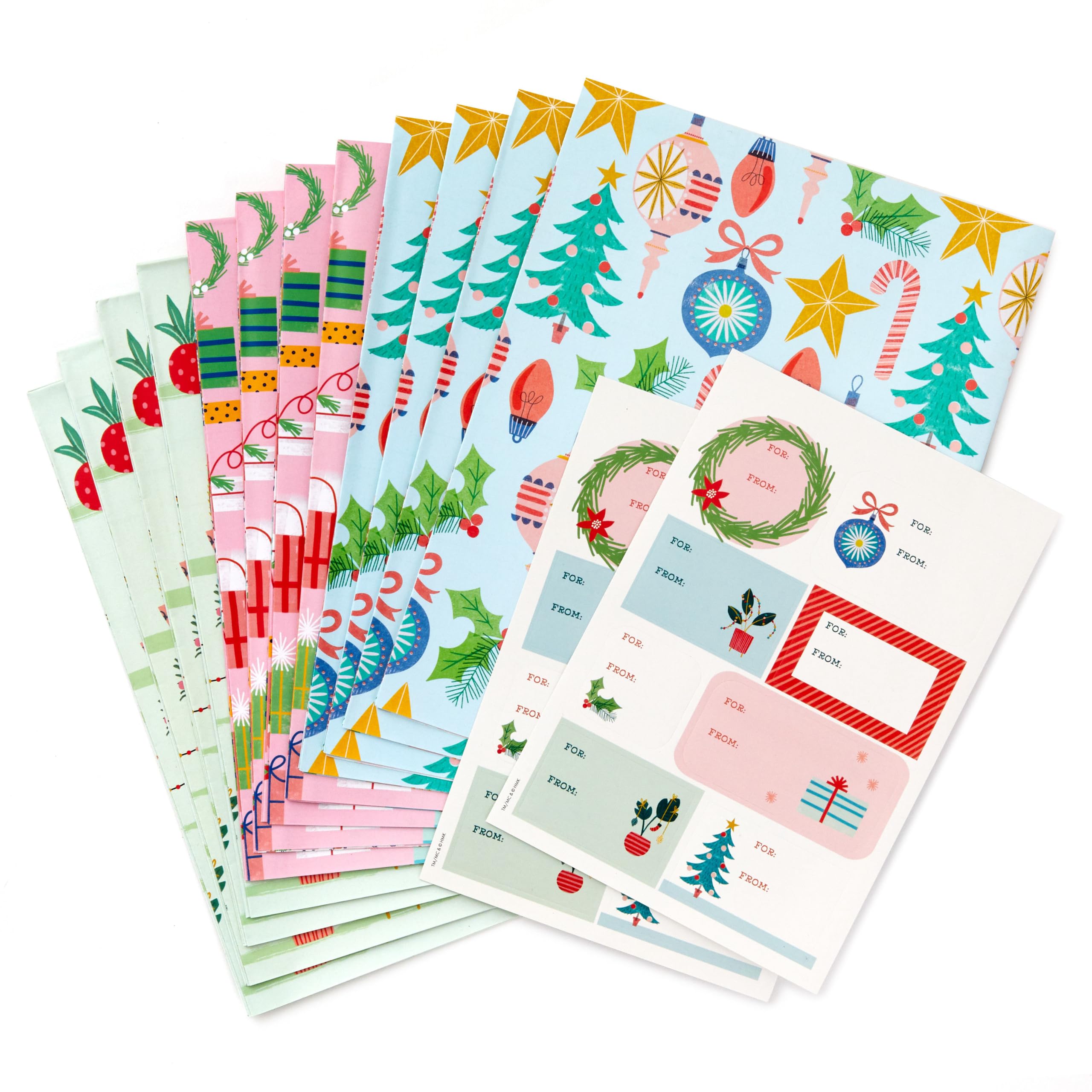 Hallmark Süßes Weihnachts-Geschenkpapier mit Cutlines auf der Rückseite (12 gefaltete Bögen mit Aufkleber-Geschenkanhänger) Rosa, Mintgrün, Pflanzen, Kaktus, Geschenke, Ornamente