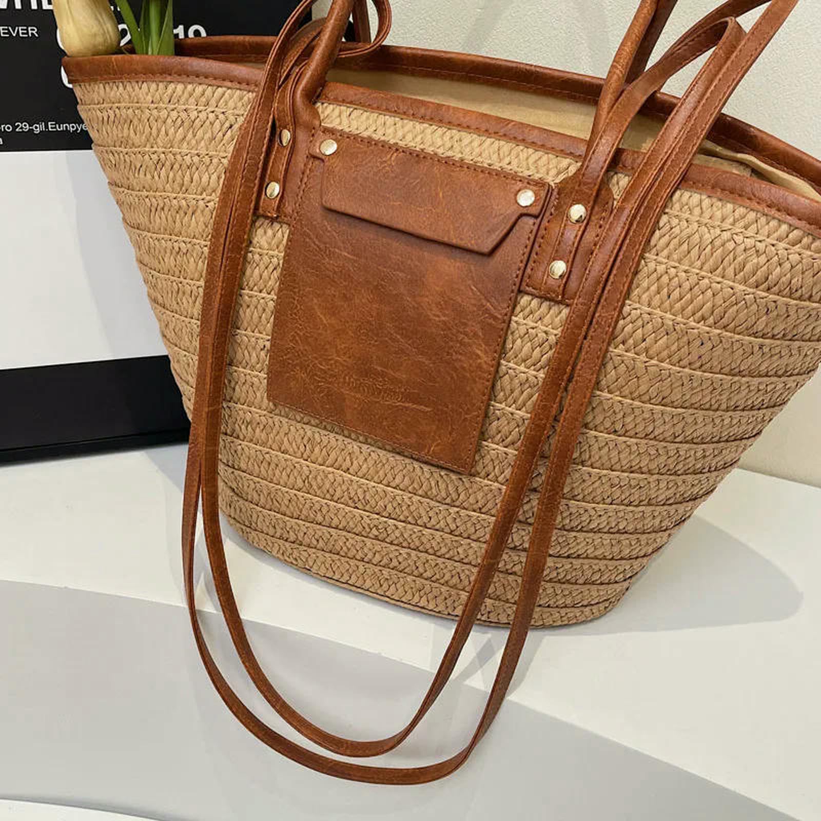 Strohtaschen Damen Shopper Frauen Stroh Gewebter Tasche Schulterbetrieb Großer Kapazität Stylish Crossbody Bag Webwebchen Satchel Patchwork Urlaub Tasche-Khaki