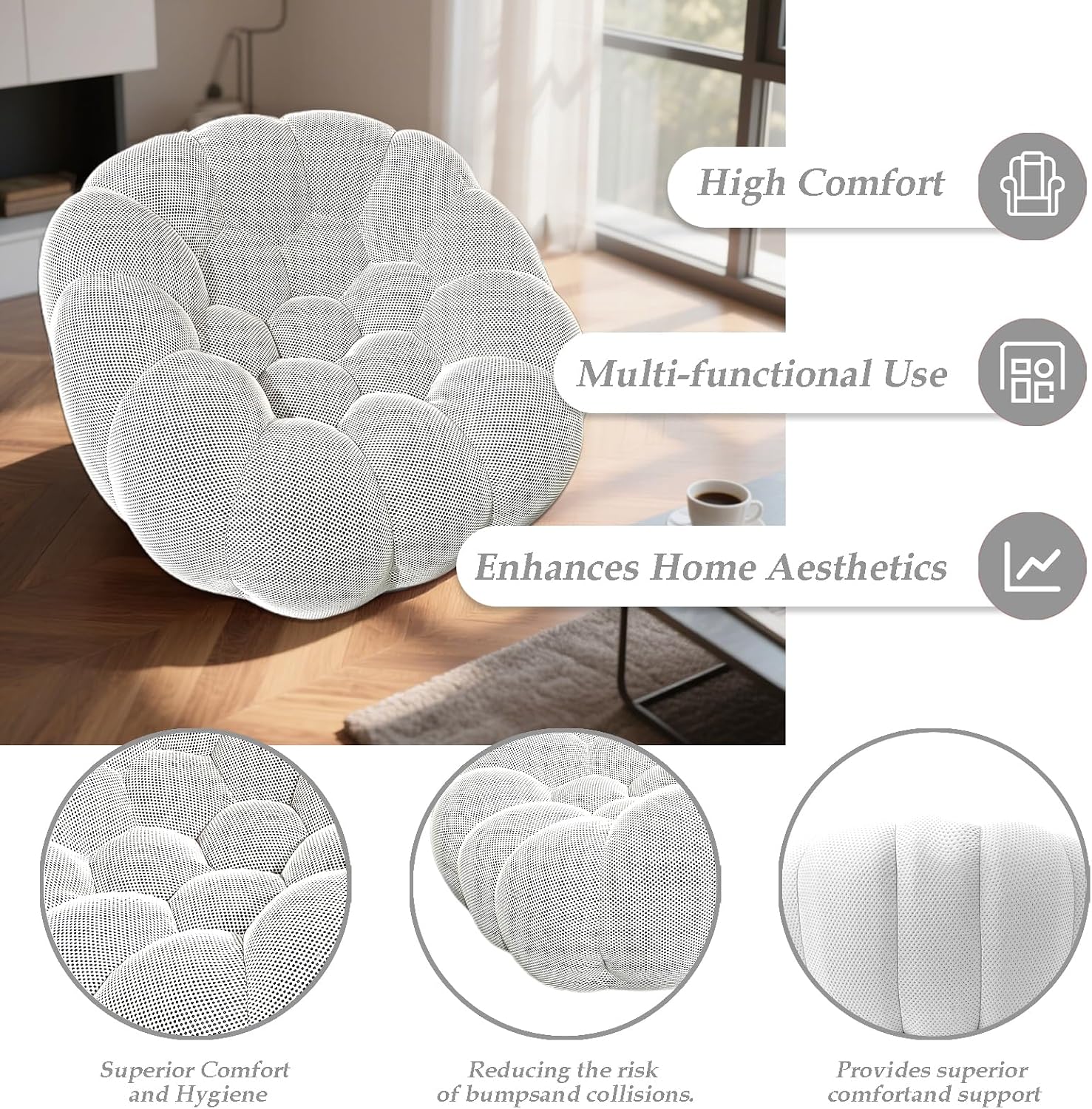 47.2'' Modern Floor Sofa | High-Resilience Compressible Foam Bubble Chair | 3D Honeycomb Mesh Curved Couch for Living Room, Office (White)