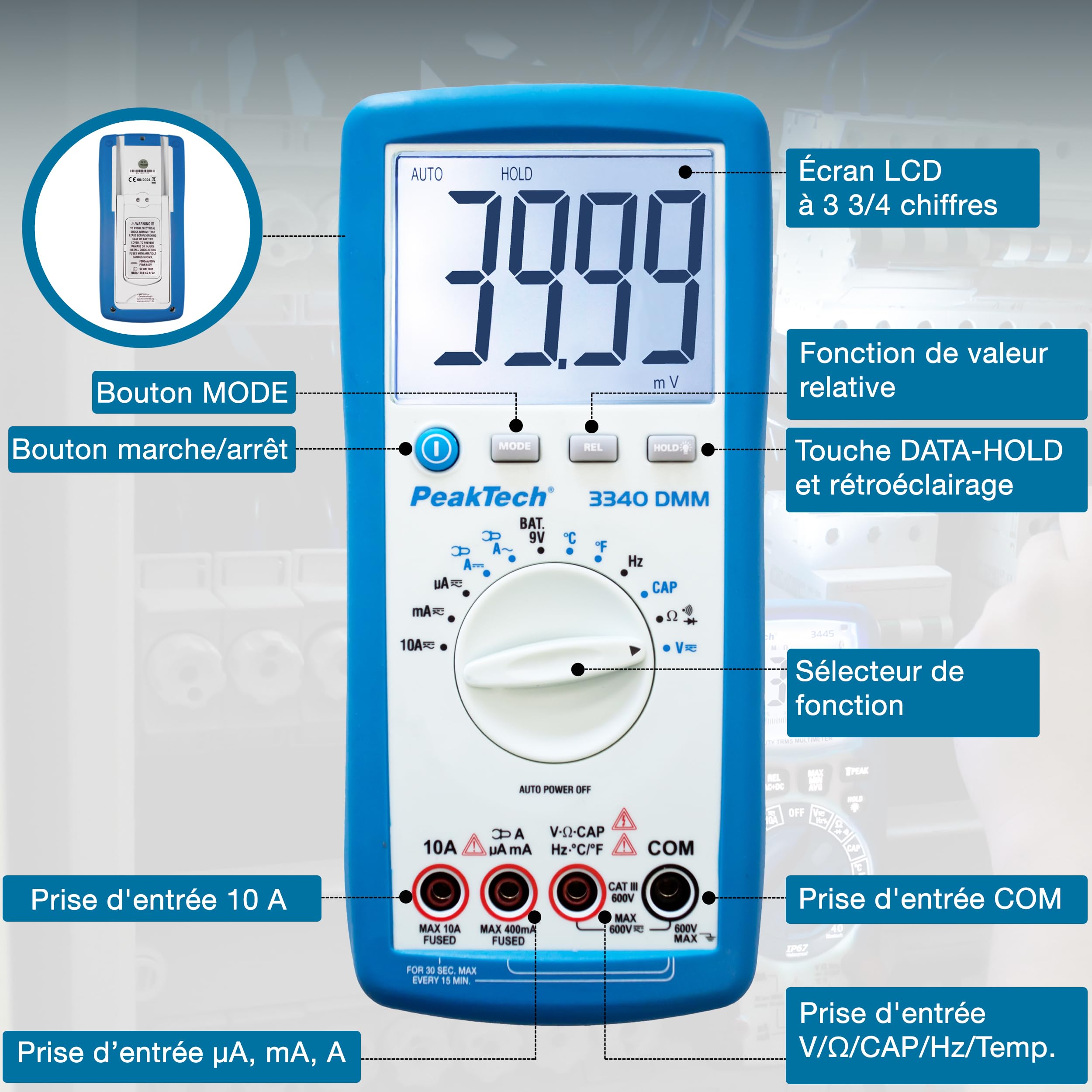PeakTech 3340 - Multimètre Numérique True RMS avec Écran LCD Extra Large, 4000 counts, Autorange, REL., Data-Hold, Voltmètre, Testeur de Continuité, Instrument de Mesure - CAT III 600 V