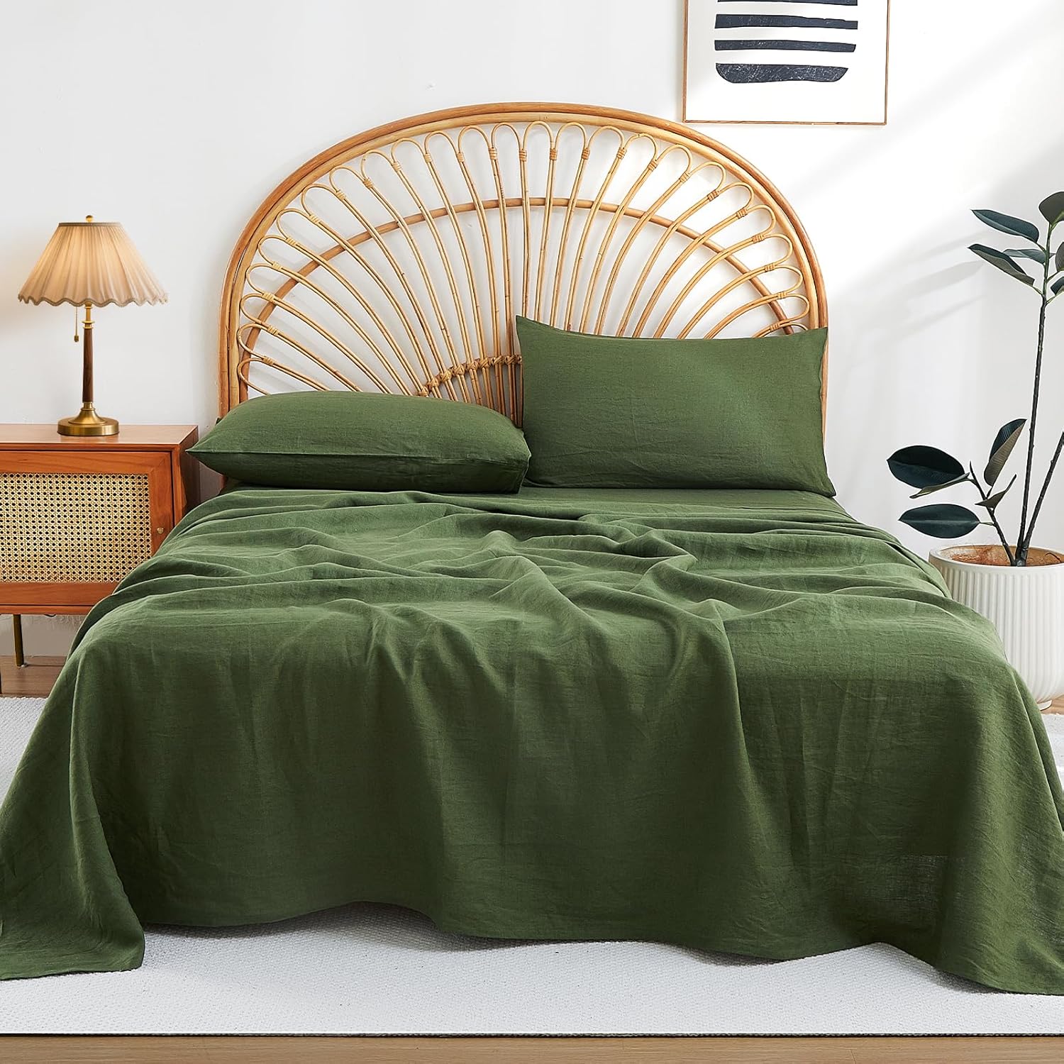 100% Linen Sheets Set Queen Size, Natural Pure Flax 4 Piece Bed Sets, 16" Deep Pocket, Breathable Cooling Bed Soft Durable Bedding, Machine Washable (Mossy Green,Queen)