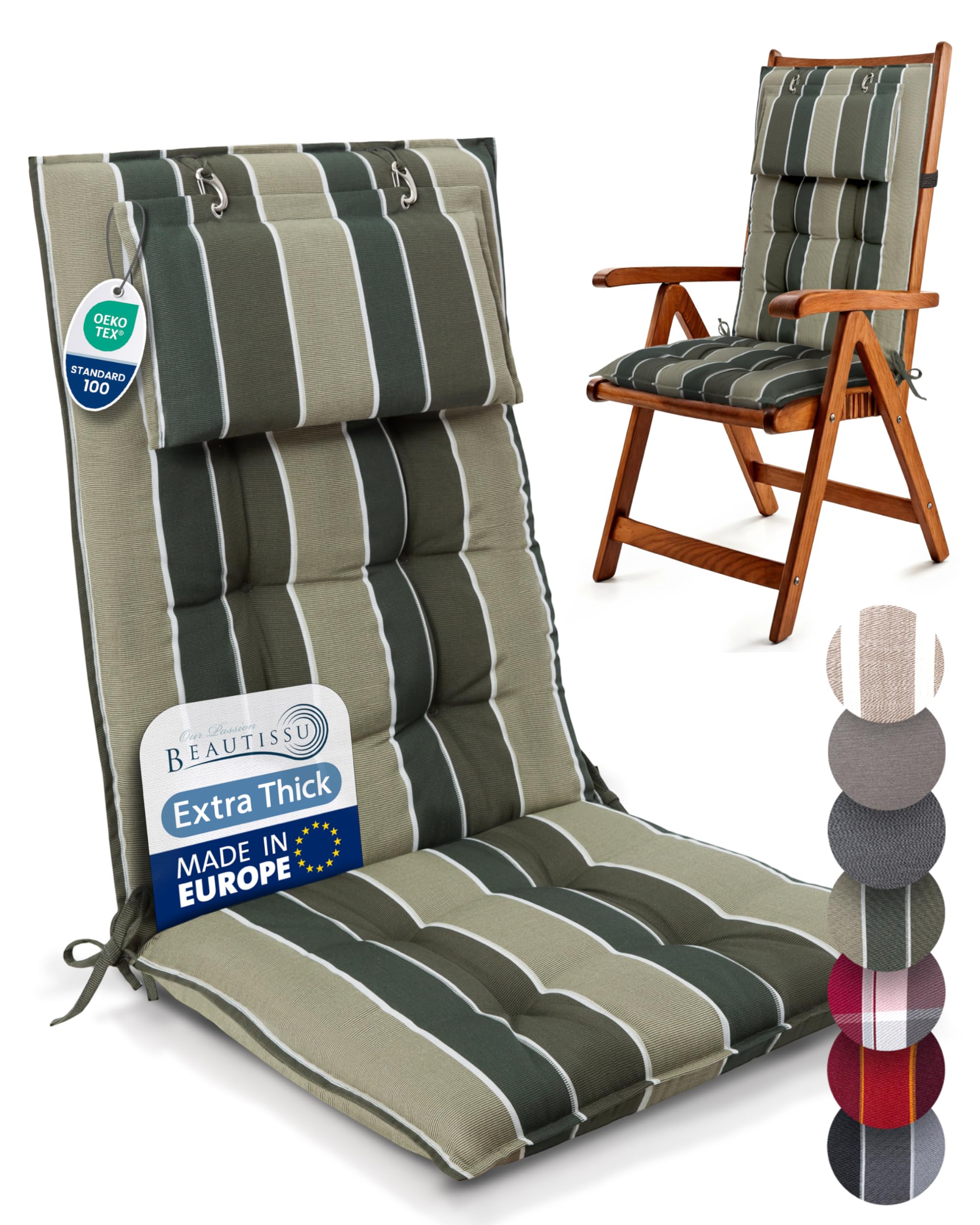 Beautissu Set of 4 Premium Outdoor Chair Cushion High Back with Head Pillow 120x50 cm - UV 8 cm Thick Padding Seat Cushions for Garden Chairs Non-Slip Fastening Straps - Green Striped - Sun-HL — image 1