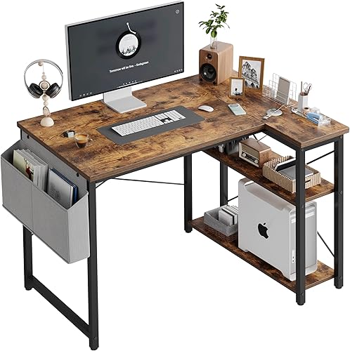 Grandder Escritorio para Computadora en Forma de L con Estantes Reversibles, Escritorio de Esquina Pequeño de 40 Pulgadas con Bolsa de