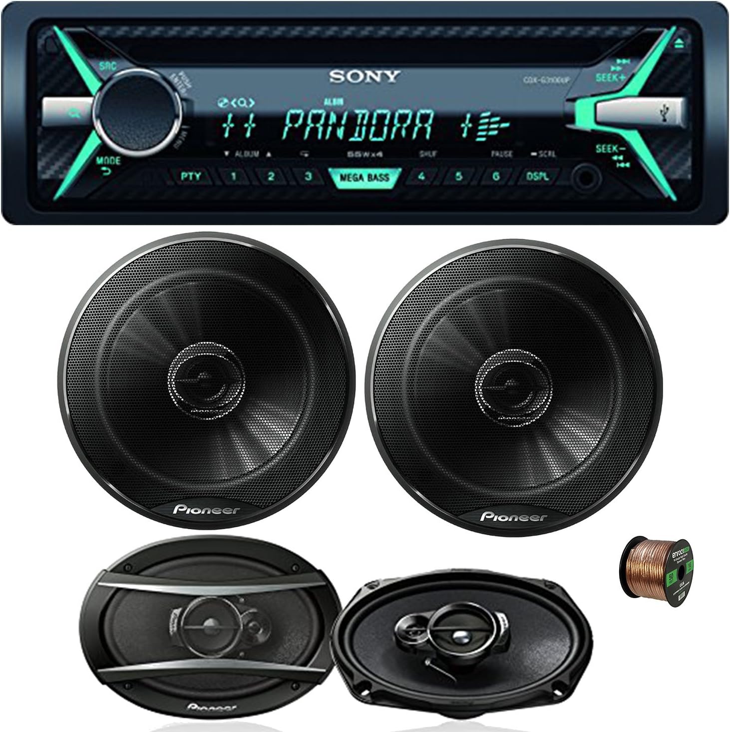 Sony CDXG3100UP Single DIN Car Stereo Receiver (Black) w/Pioneer 6.5" 2 Way Speakers 250W (Pair), Pioneer TSA6966R 6"x9" Inch 420W 3-Way Car Coaxial Speaker (Pair) & Enrock Audio 16G 50' Speaker Wire