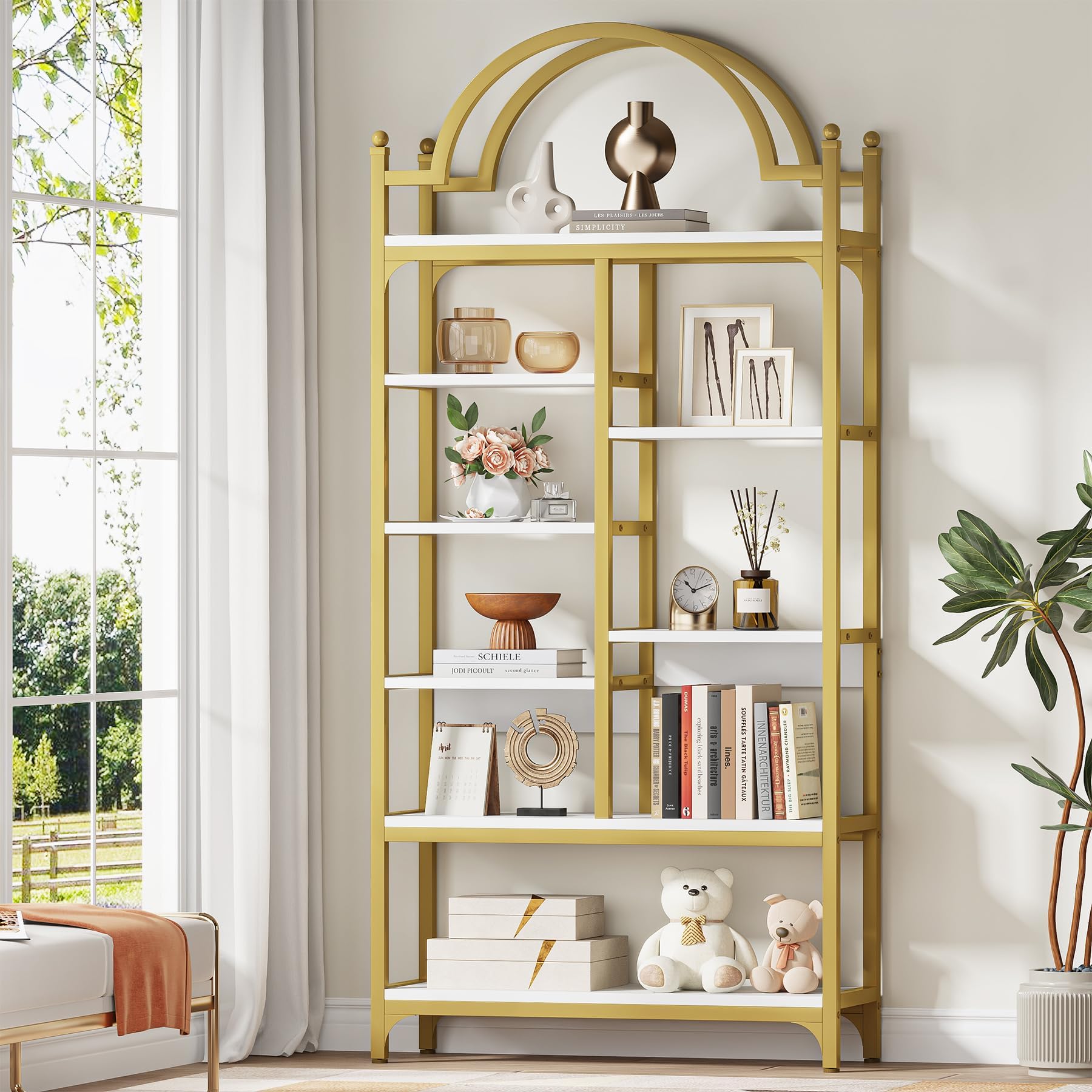 Amazon.com: Condemo 71 inch Tall Gold Bookshelf, 8-Tier Modern Arched ...