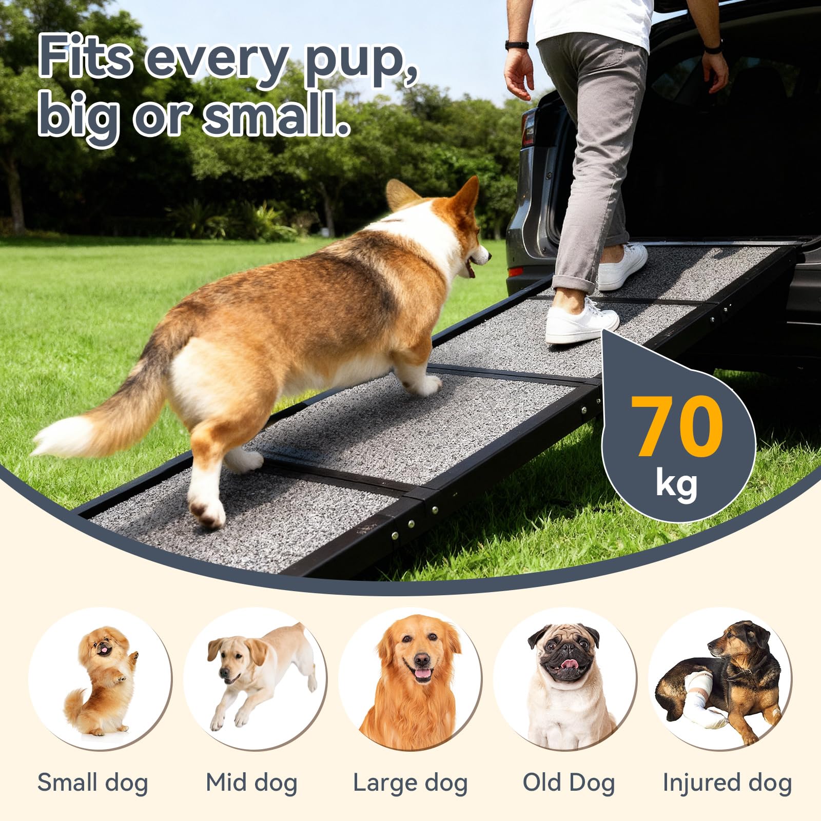 Rampe pour Chien Voiture - 170×44 cm Pliable Capacité 70KG Antidérapante Escalier Rampe D'accès Voiture pour Chiens pour Animaux, Utilisation Intérieure et Extérieure, Rampe Chien Lit Canapé