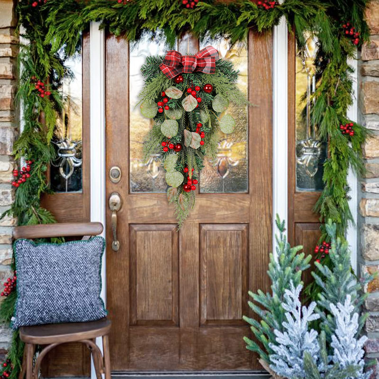 Wnvivi Christmas Teardrop Swag,Hanging Christmas Wreath with Poinsettia Bowknot Berries,Christmas Floral Swag for Front Door Wall Decor(A1)