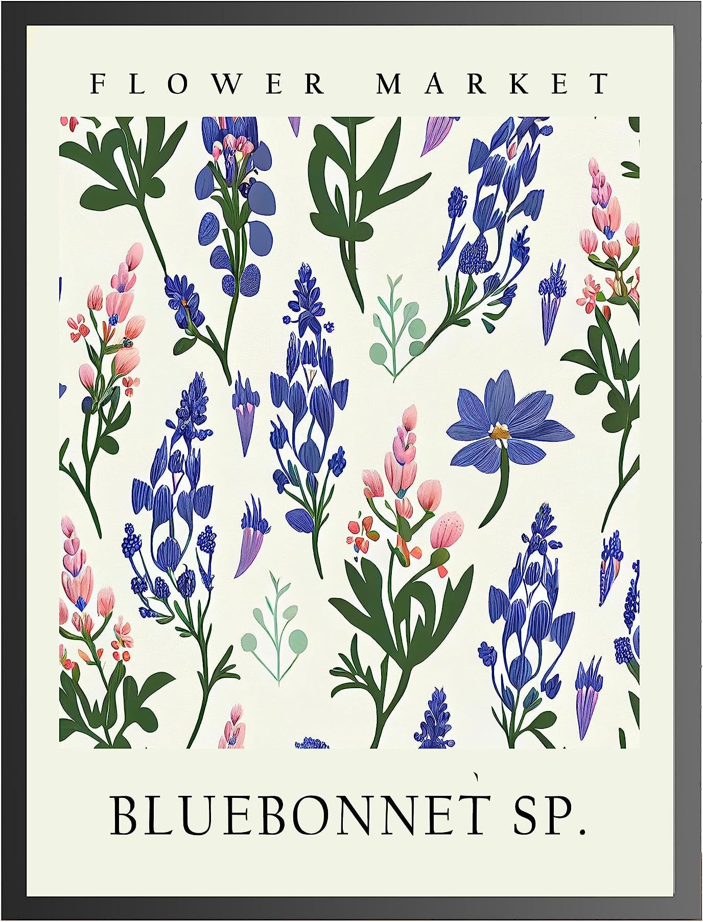 Bluebonnet Sp. Art Print, Flower Market Poster Wall art Decor, Botanical Floral Artwork for Bedroom, Bathroom, Living room Decoration (Bluebonnet Sp., 16x20 inches + (Black Frame))