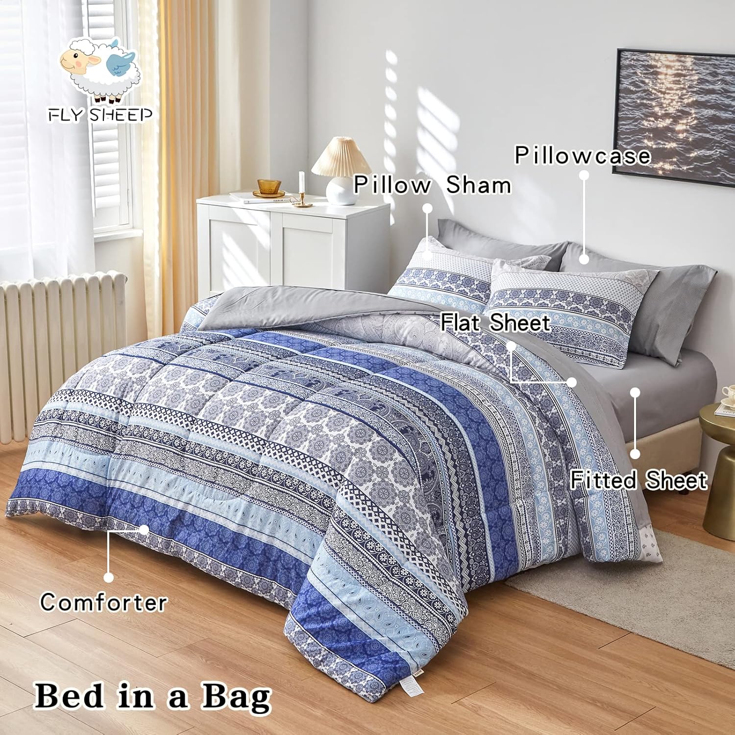 Flysheep Bohemian Striped Bed in a Bag 7 Pieces Queen Size, Boho Blue Grey Geometric Pattern Reversible Bed Comforter Set (1 Comforter, 1 Flat Sheet, 1 Fitted Sheet, 2 Pillow Shams, 2 Pillowcases) - Image 7