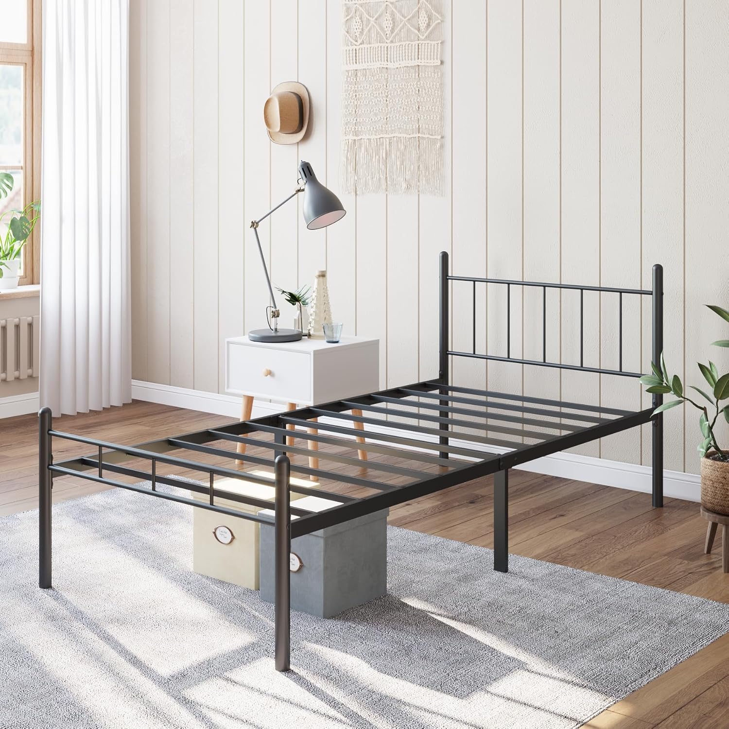 14 Inch Twin XL Size Bed Frame No Box Spring Needed,Metal Platform with Headboard and Footboard,Heavy Duty Slats Support Easy Assemble Noise Free(Black) Twin XL Normal-Black