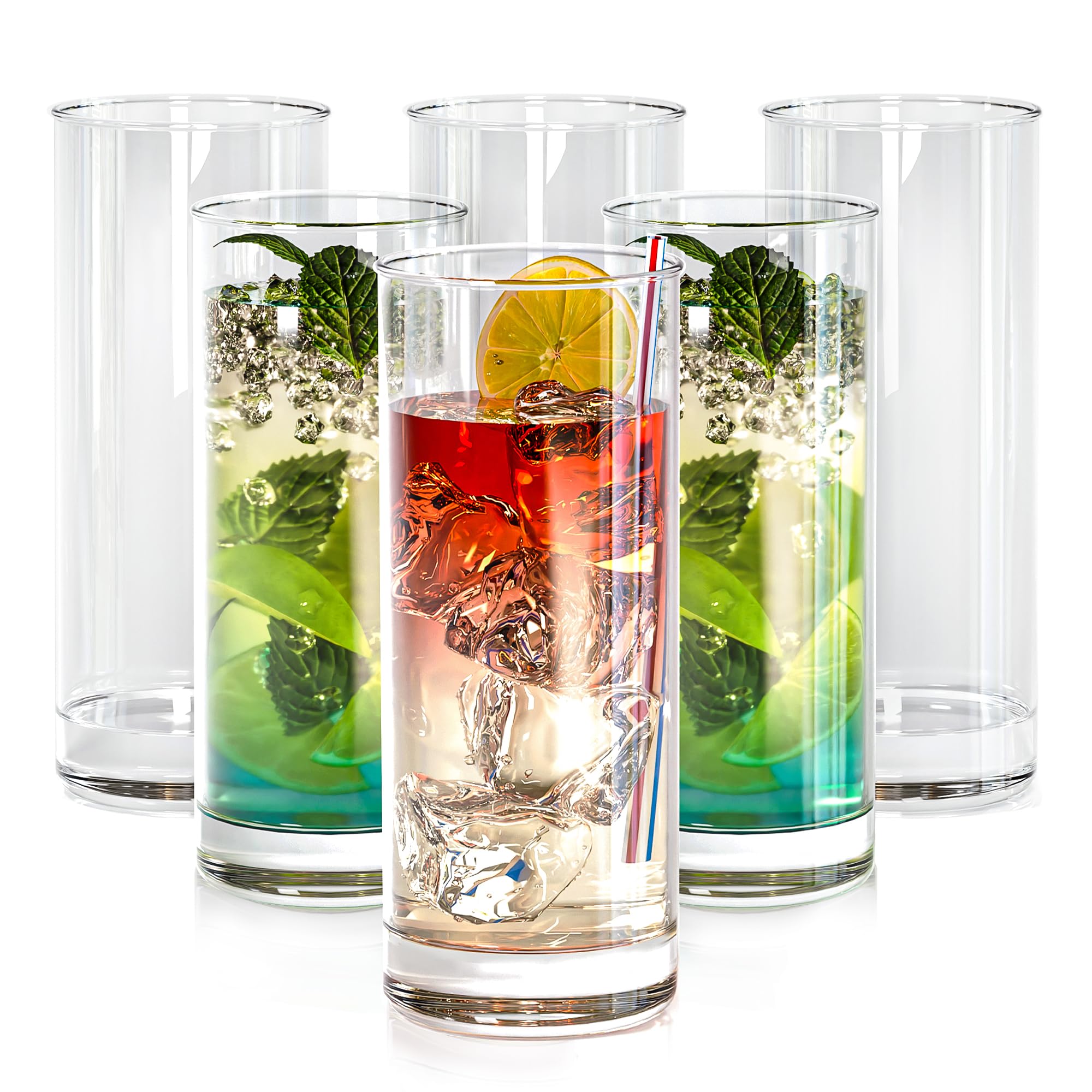 Amazon.com | KITEISCAT Drinking Glasses Set of 6, 12oz Glass Cups -  Highball Glasses & Collins Glasses for Cocktail, Mojito - Tall Water Glasses  for Iced Tea, Milk: Highball Glasses