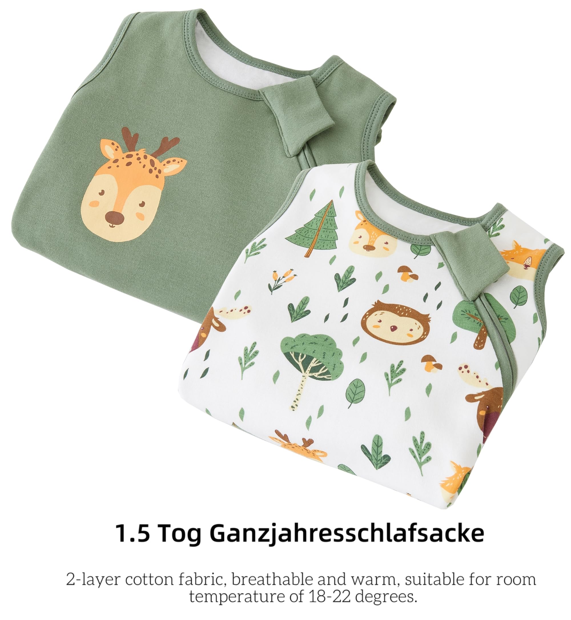 Chilsuessy Baby Schlafsack 1.5 Tog 2er Pack Ganzjahresschlafsack 100% Baumwolle Winter Babyschlafsack für Neugeborene, 1.5 Tog/Grün Wald Set, 67cm/0-6 Monate