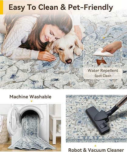 Miniatura 6 de Alfombras de 5 x 7 pies lavables antideslizantes, alfombra floral vintage con patrón de impresión envejecida y medallón, para sala de estar, azul