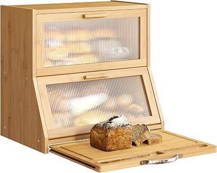 BMOSU Double-Layer Large Bread Box with Cutting Board for Kitchen Countertop Bread Box With Frosted Glass Window BambooNatural