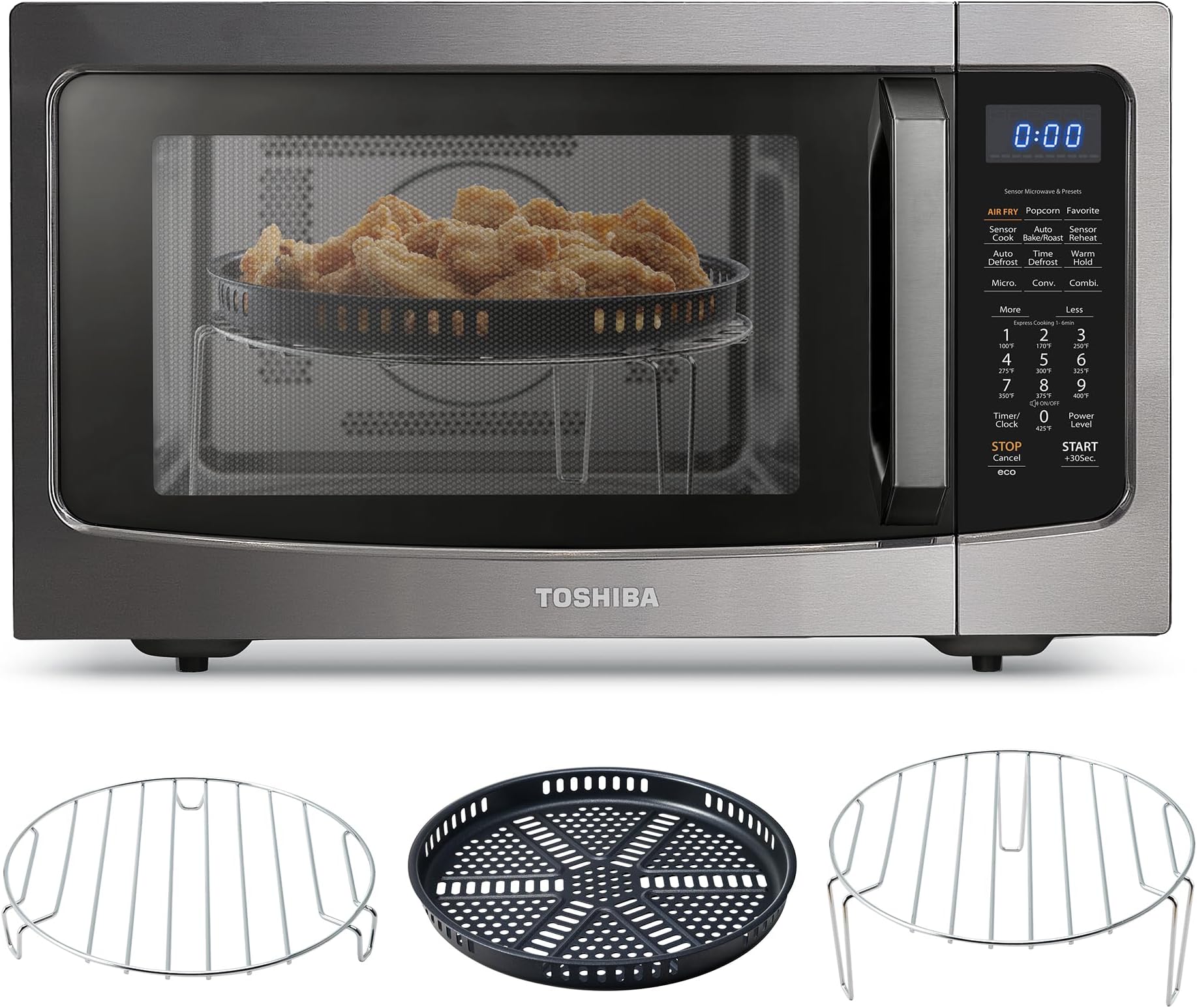 Toshiba Air Fryer Combo 4-in-1 Countertop Microwave Oven, Smart Sensor, Convection, Mute Function, Position Memory 13.6" Turntable, 1.5 Cu Ft, 1000W, Black, ML-EC42P(BS)