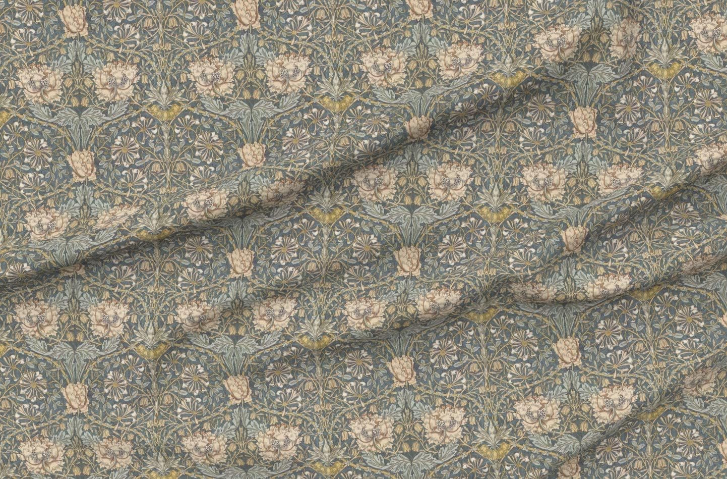 Spoonflower Fabric - Arts and Crafts English Garden Honeysuckle Floral Damask William Printed on Essex Linen Fabric by The Yard - Sewing Lining Apparel Fashion Blankets Decor