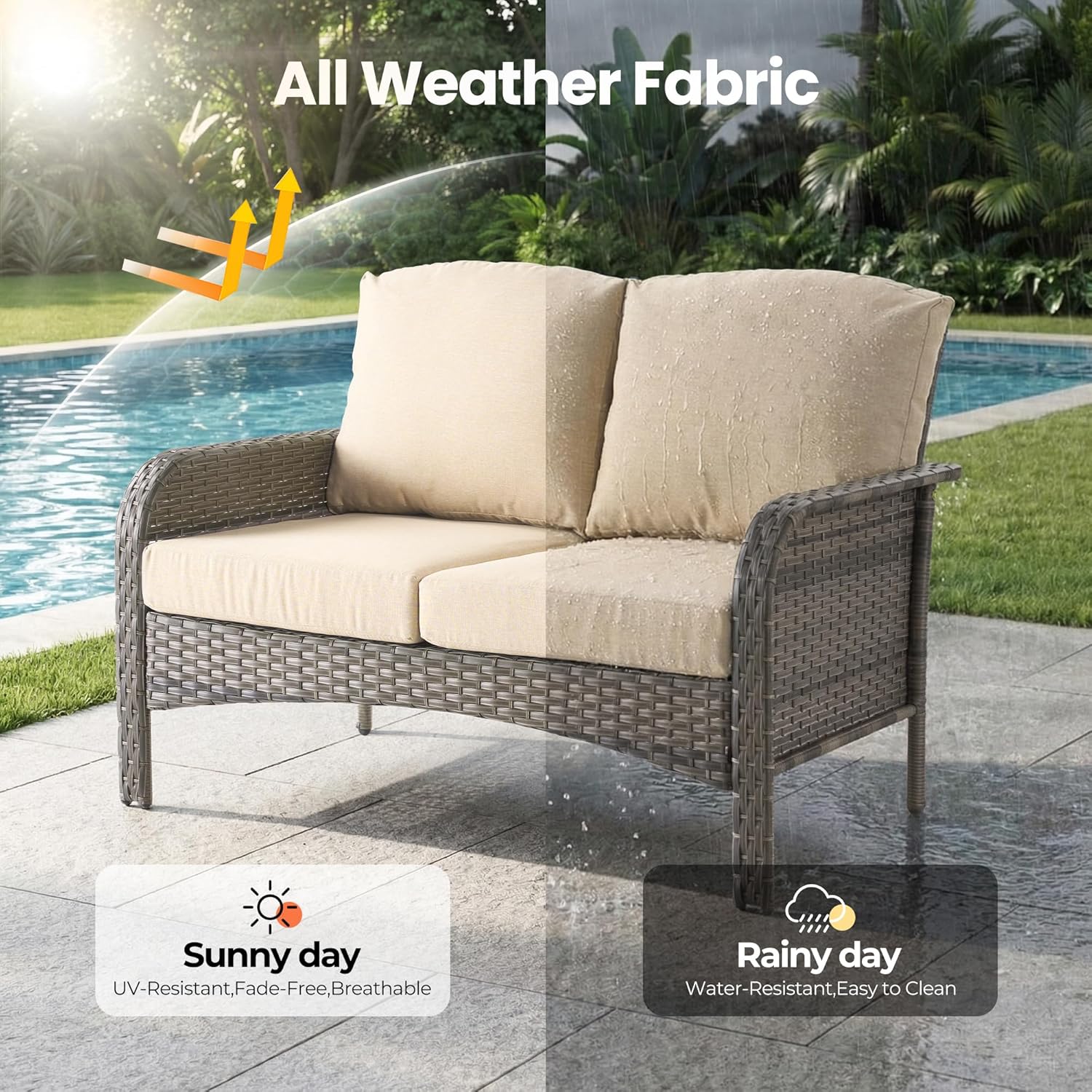 5 Pieces Wicker Patio Furniture Set, High Back Swivel Rocker Chairs Outdoor Loveseat Sofa and Rattan Coffee Table, Outdoor Conversation Sets for Porch Deck Backyard Poolside, Beige