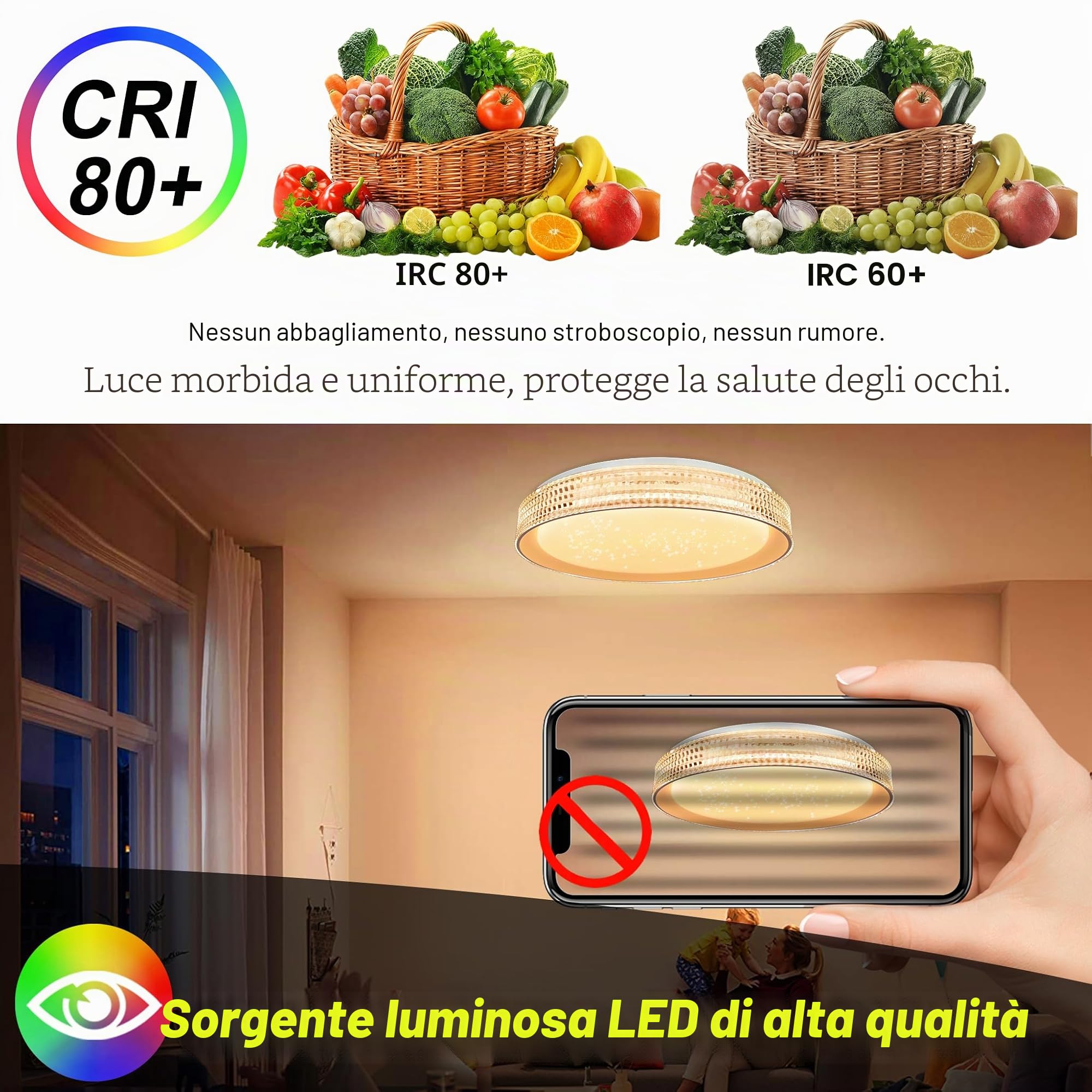 Froadp Lampada da soffitto da 60 W, dimmerabile, RGB LED, con telecomando, diametro 50 cm, rotonda, a risparmio energetico, IP44, impermeabile, per bagno, soggiorno, camera da letto (tipo B, anello di