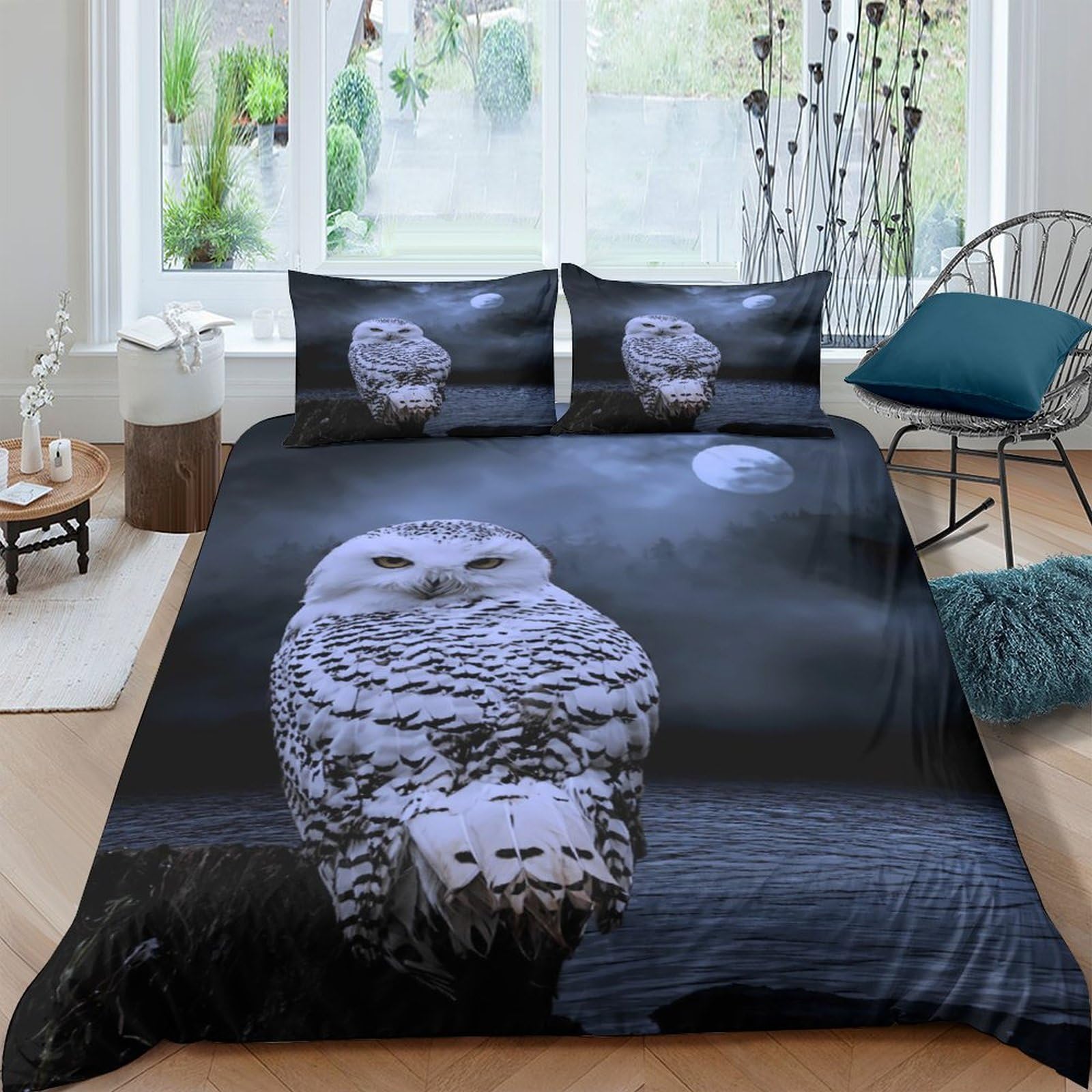 XFKLYNVCJ 3D Printed Snowy owl Comforter Cover Microfiber Night wildlife scene Duvet Cover Lightweight Breathable Family Home Bedding Use Double（200x200cm）