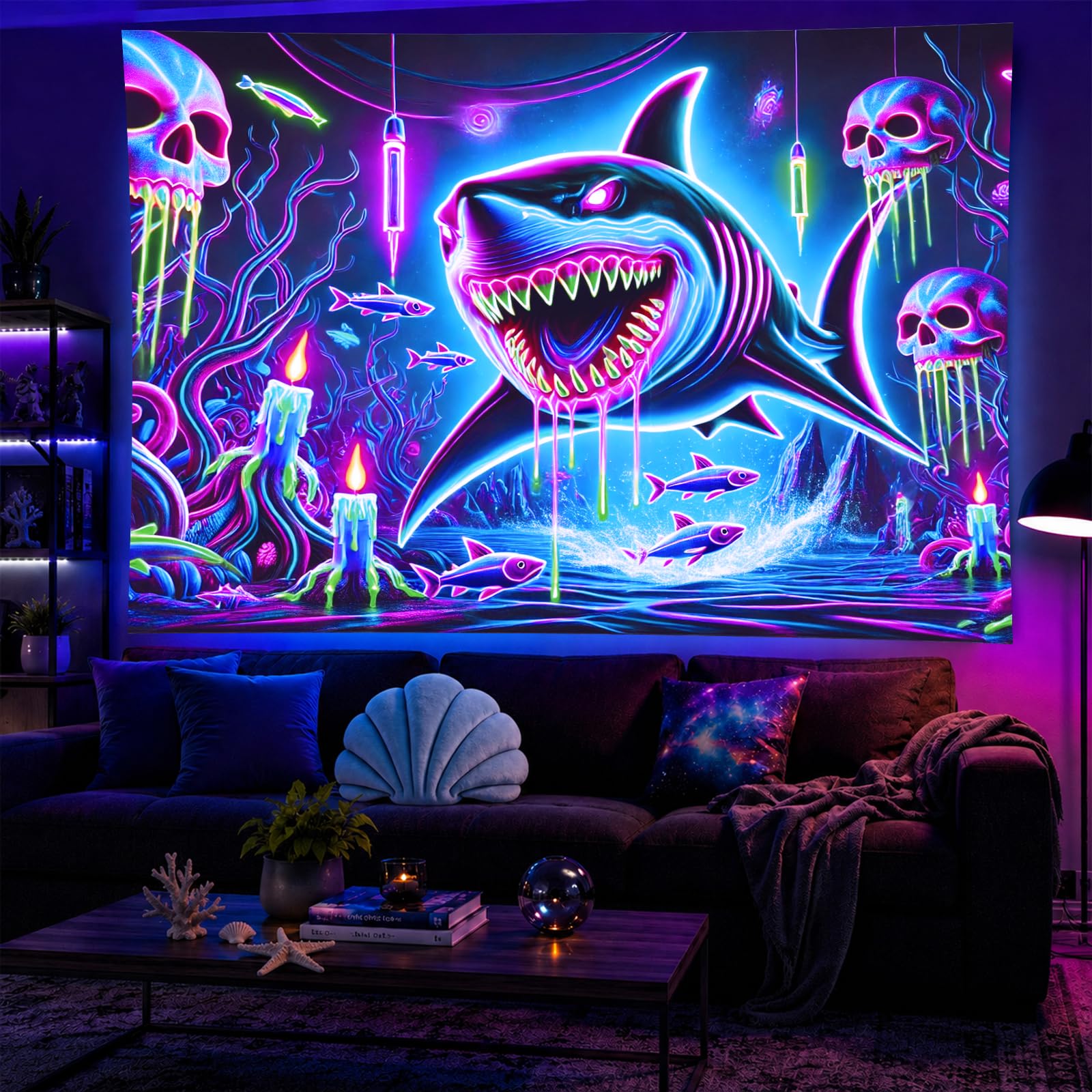 BlissYard Blacklight Tapestry Shark Underwater Neon Decor 78 x 59 Inch