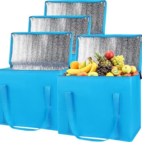 Bolsa de comestibles aislada para entrega de alimentos con cremallera superior, bolsas térmica para compras, color azul, paquete de 4, grande,