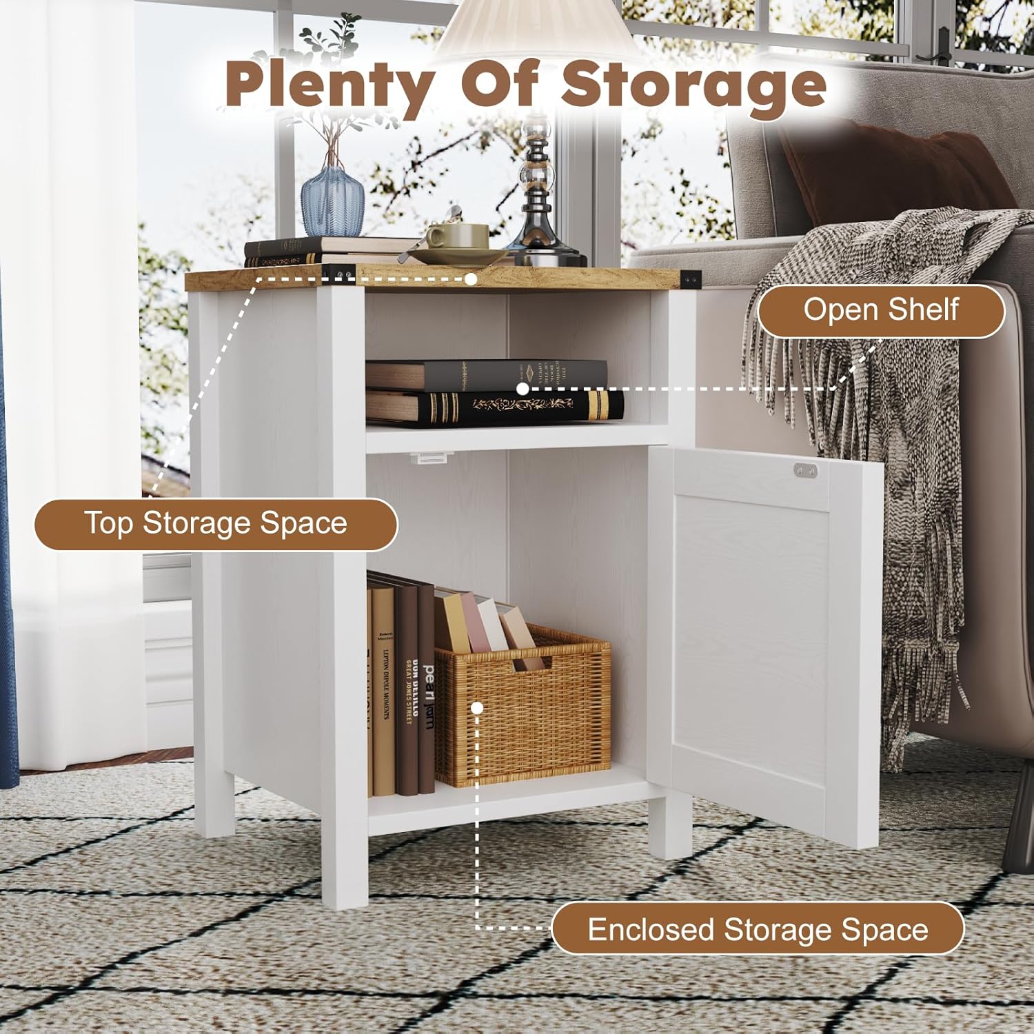 Farmhouse Nightstands Set of 2, Rustic Vintage Side End Table with Storage, Wood Side Table with Barn Door for Bedroom Living Room,White