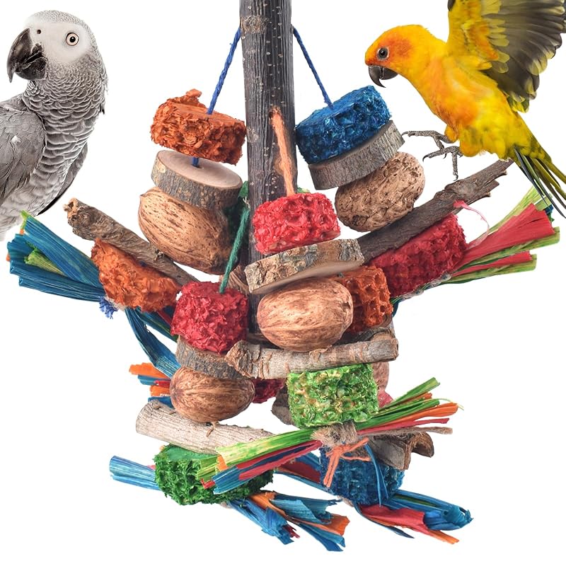 Brinquedo para Aves de Madeira Natural com Casca, Sabugo de Milho e Corda de Cânhamo Bissap para Papagaios Pequenos e Médios