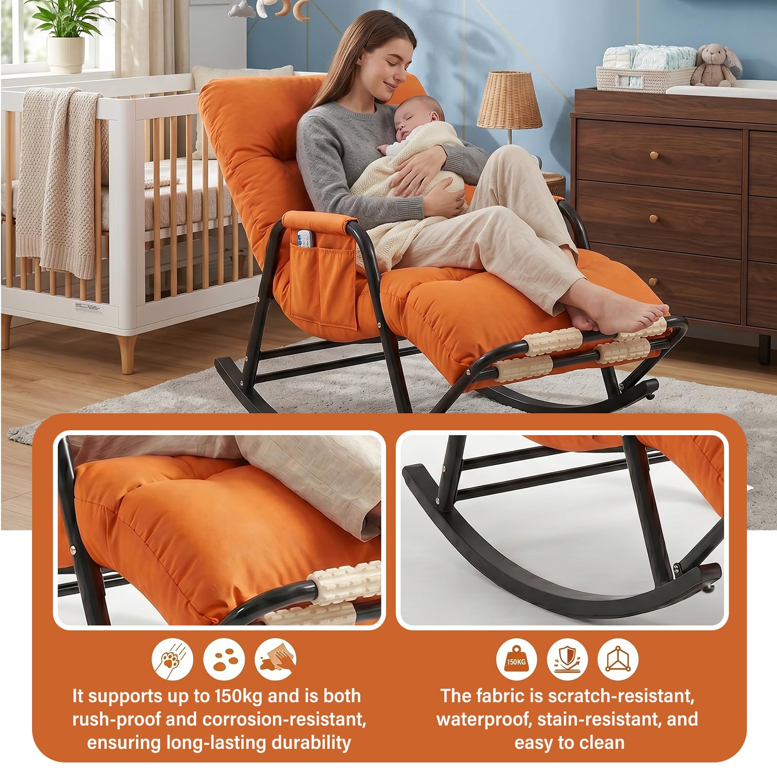 Fauteuil à Bascule Ergonomique, Rocking Chair Allaitement Silencieux avec Dossier et Repose-Jambes Réglables (5 Positions) et Repose-Pieds Massant, Chaise Relax en Cuir Anti-rayures, 150kg (Orange)