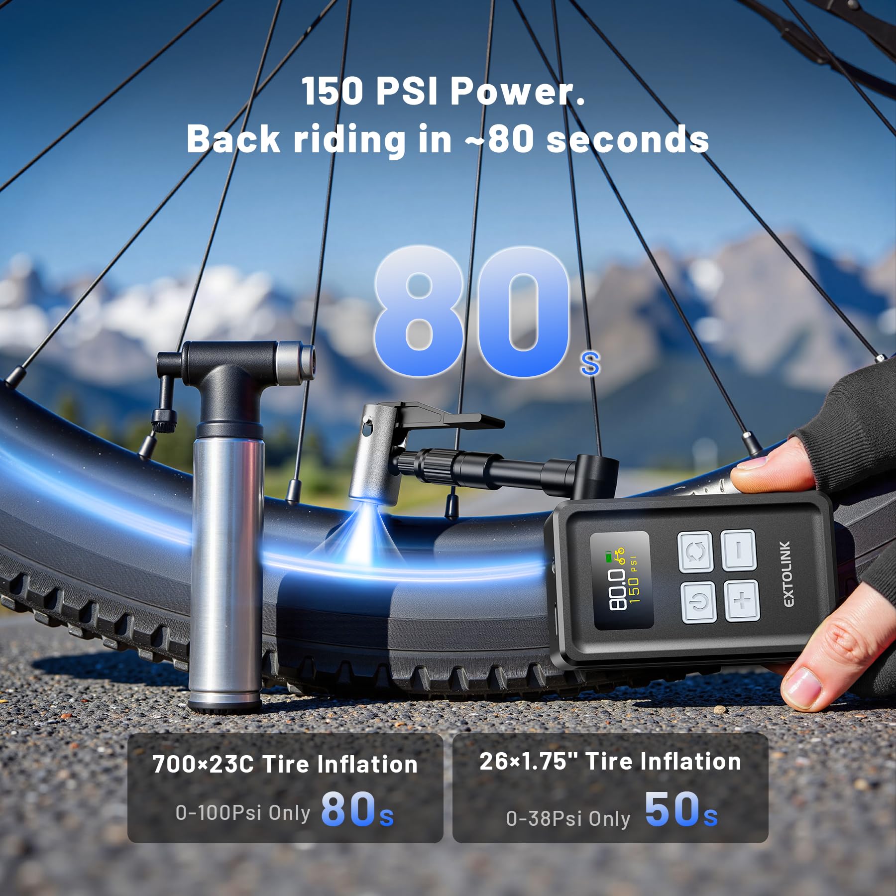 Mini Bomba de Aire Bicicleta, Máx 150 PSI Compresor Aire Portatil Bicicleta con Pantalla Digital, Inflado de 20-seg Inflador Bicicletas Eléctrica para Bicicletas de Carretera, montaña