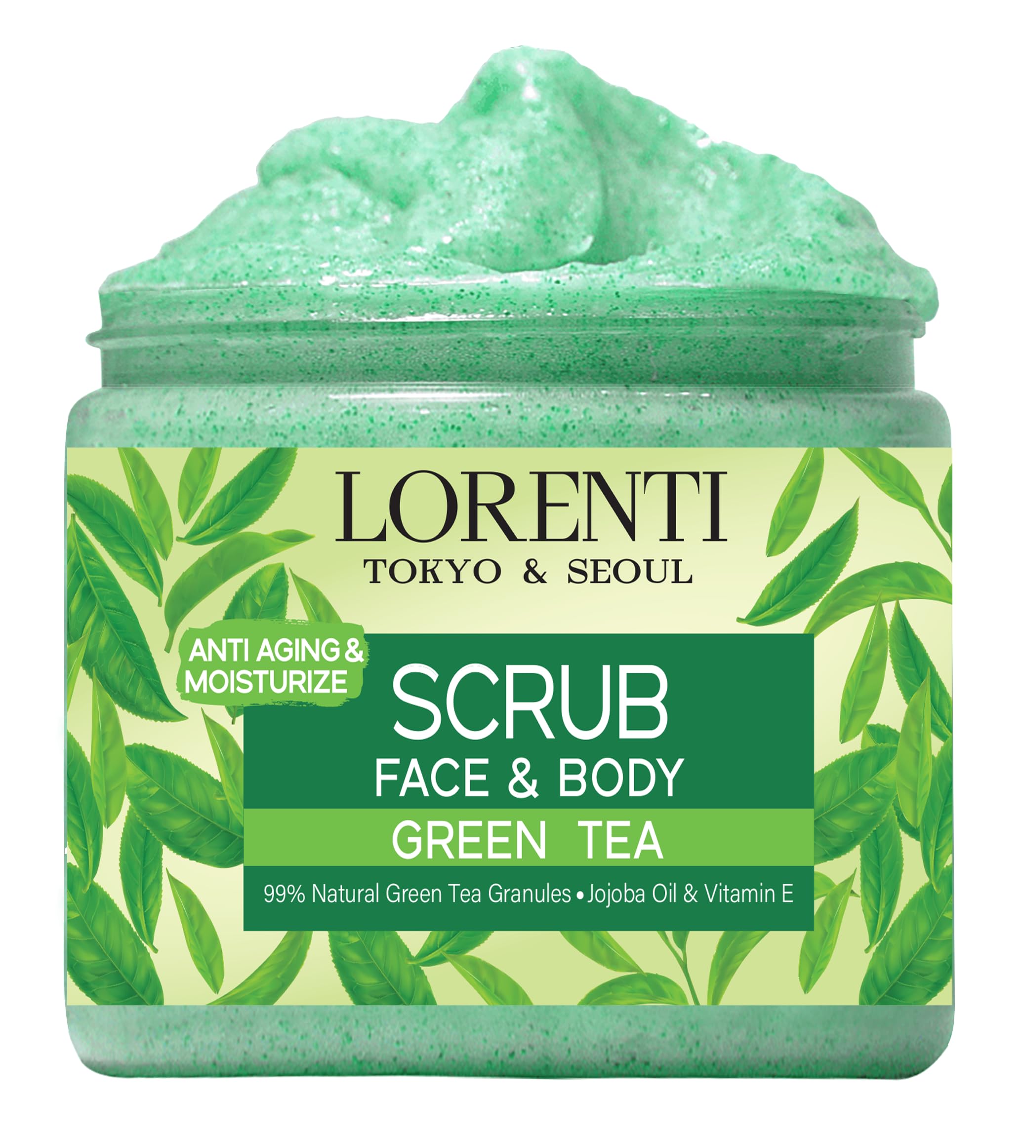 LorentiGreen Tea Scrub 500 ML Face & Body | Jojoba Oil & Vitamin E Anti Celulite, Anti Aging Smoother & Moisturizes