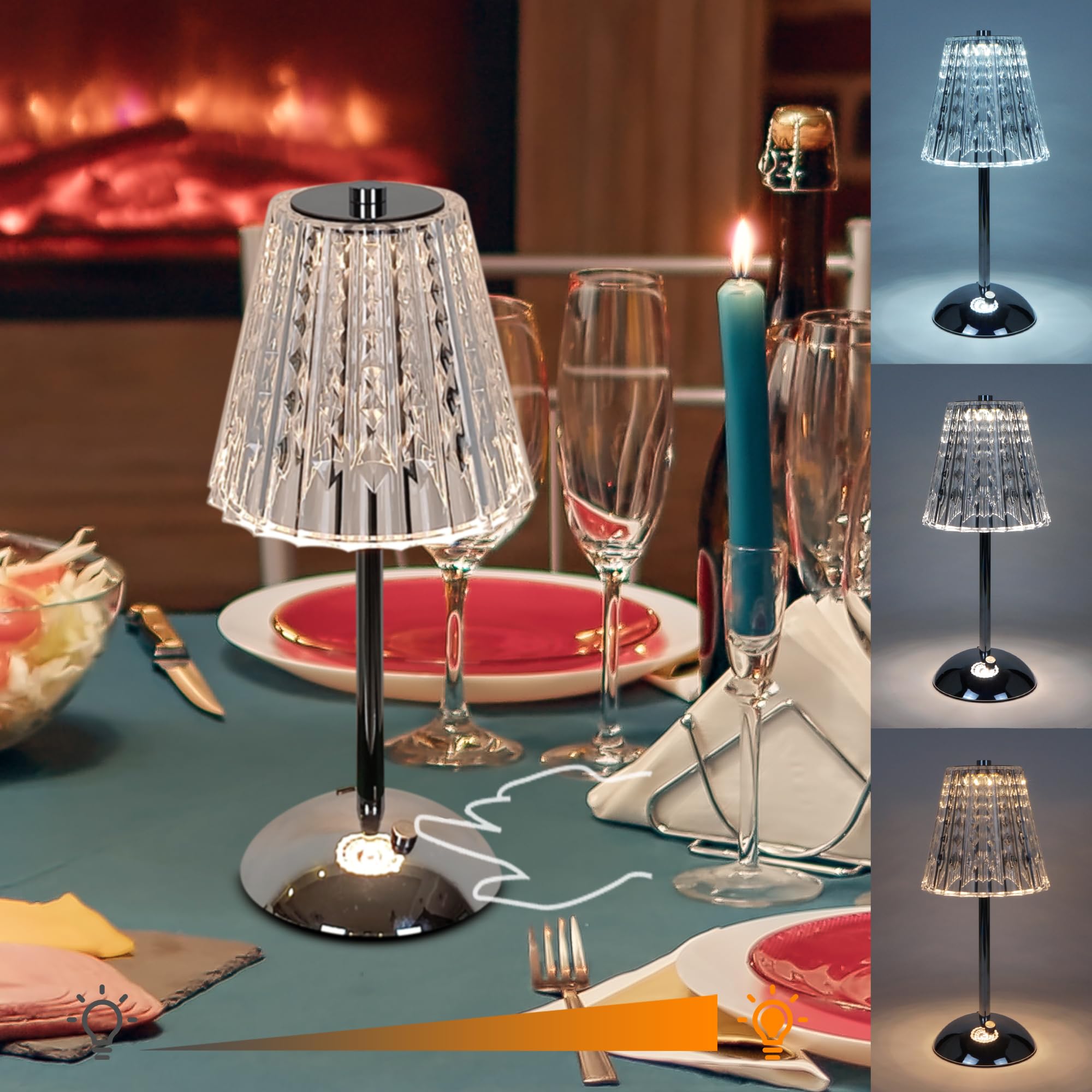 Amingulry Cordless Table Lamp, 4000mAh Rechargeable Battery Operated Lamp, 3 Color Modes & Stepless Dimmable LED Touch Lamp, Portable Crystal Metal Beside Lamps for Bedroom Restaurant(Silver Chrome) — image 1