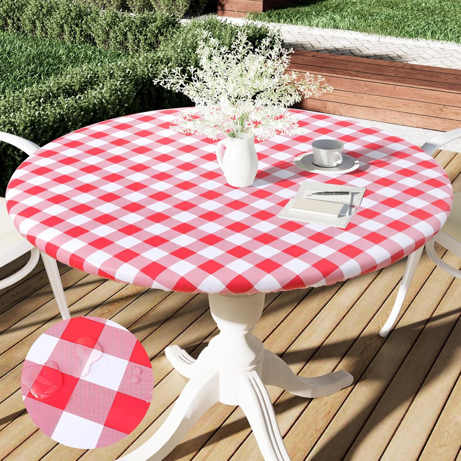 Smiry Round Picnic Tablecloth, Elastic Waterproof Fitted Vinyl Tablecloths for 57"-68" Tables, Flannel Backed Buffalo Plaid Table Cover for Dining, Camping, Outdoor, White and Red