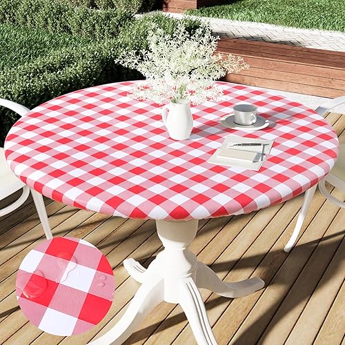smiry - Mantel de vinilo redondo para mesa de 57-68 pulgadas, mantel elástico, ajustado e impermeable, diseño de cuadros, respaldo en franela, para