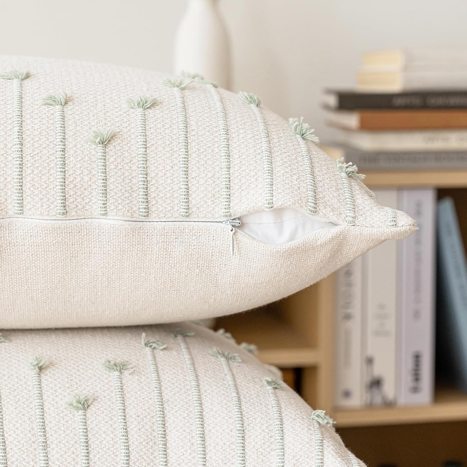 LILEPOY Boho Throw Pillow Covers 18x18 Set of 2 Neutral Decorative Textured Cushion Case Farmhouse Pillowcase Modern Square Pillow Covers for Sofa,Couch, Living Room,Beige and Green - Image 2