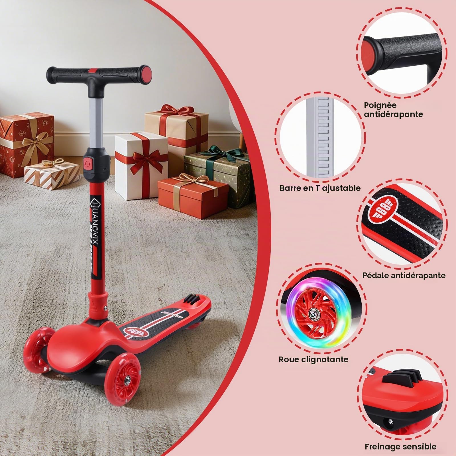 Trottinette pliable pour enfant avec clignotants, hauteur réglable, large plateau et frein, pour garçons et filles à partir de 3 ans