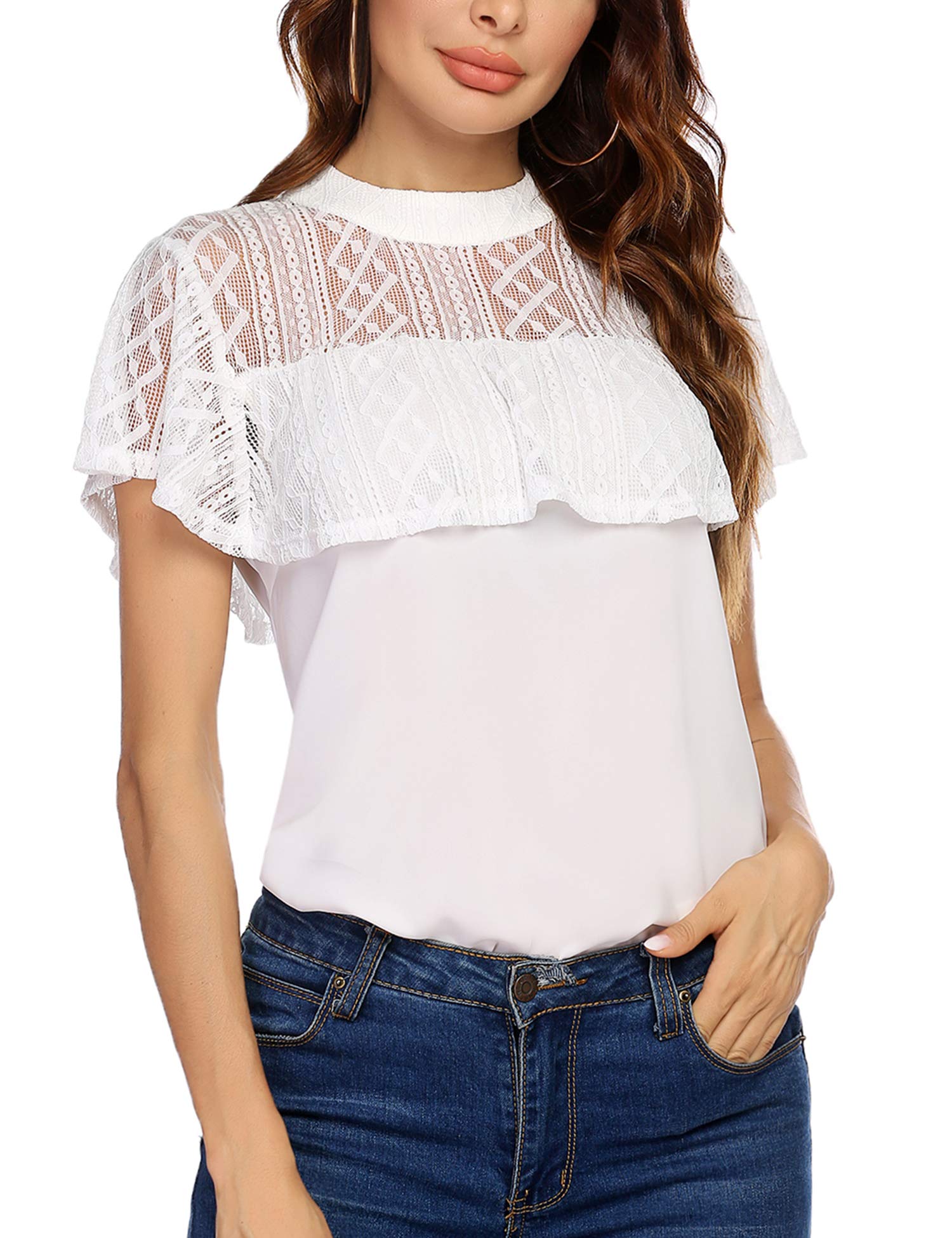 Beyove Women's Lace Tops Short Sleeve Chiffon Blouse Ruffles Casual Shirt S-XXL