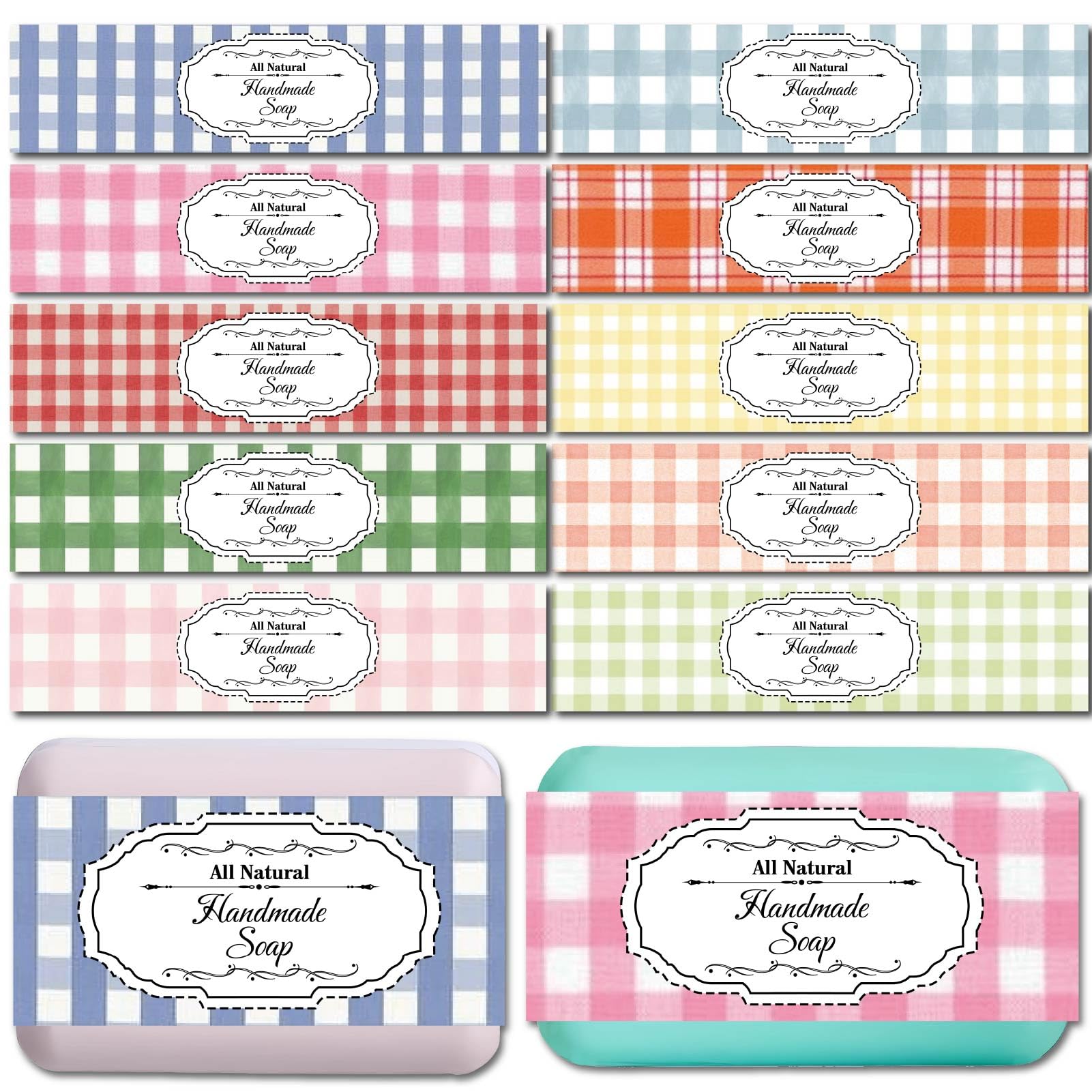 CREATCABIN 100 Pcs Soap Wrapping Paper Tape 10 Styles Soap Wrapper Classical Check Vertical Soap Sleeves Covers with Tectorial Membrane Packaging Supplies for Handmade Soap Bar Family 1.9x8.2 Inch