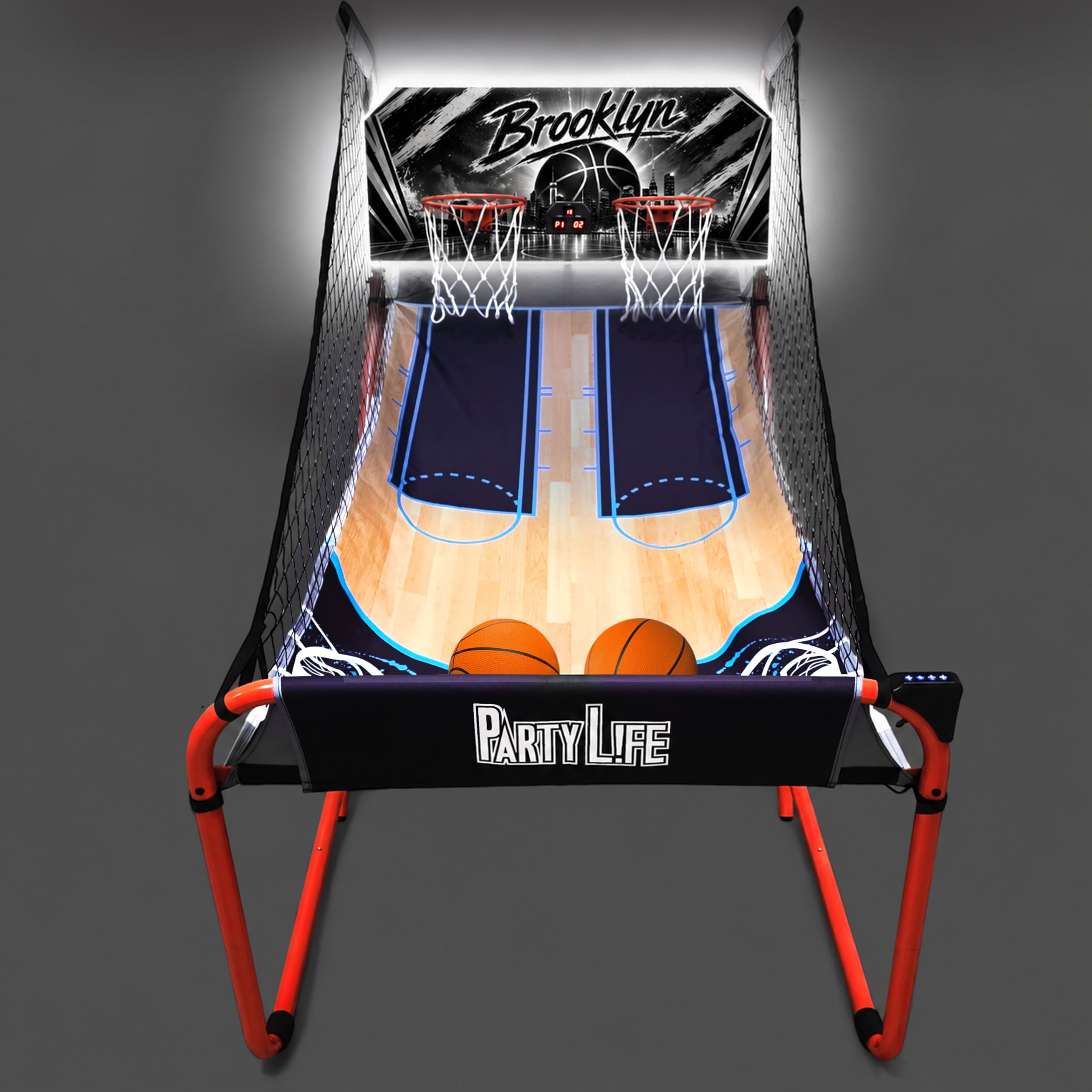 PartyLife 2-Player Basketball Arcade Game w/LED Lights | Electronic Scoring | 5 Balls, 1 Pump, 8 Games | Folding Design | Heavy-Duty Steel Frame