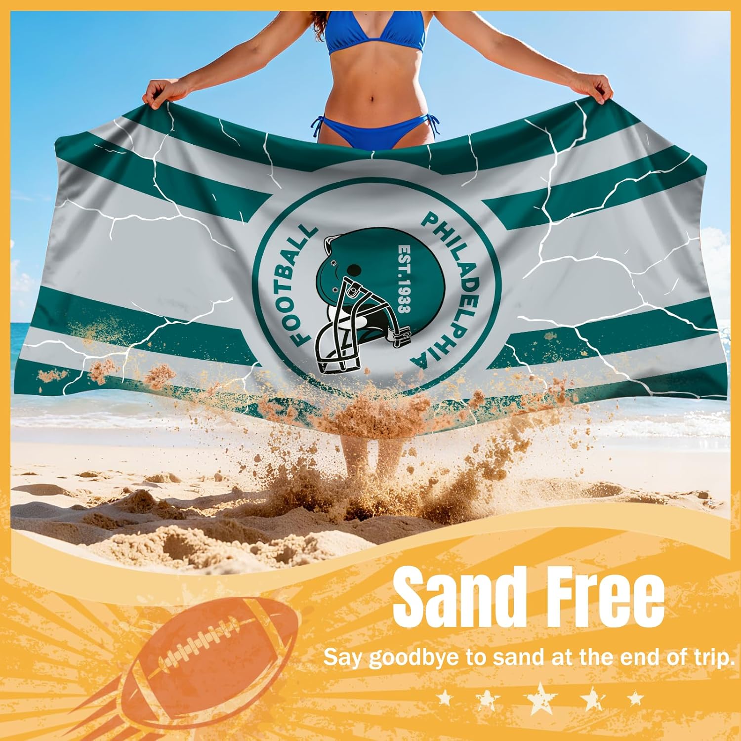 Football Fan Thin Lightweight Microfiber Beach Towel Themed Large Sand Free Oversized Portable Towels Men Women Gear Eagles Team Boyfriend Father Birthday Valentines Anniversary Gag Cool Nice Gift - Image 3