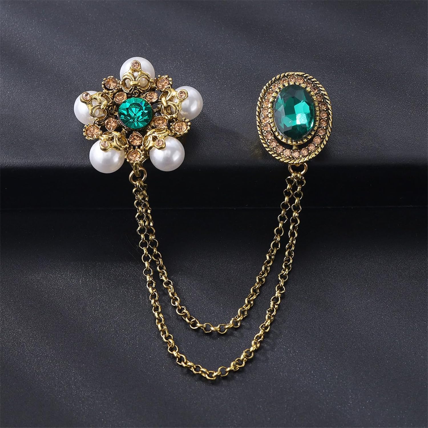WCRAZYE Rhinestone Long Pearl Flower Chain Tassel Brooches for Women Men Vintage Crystal Floral Brooch Lapel Pin for Girls Snowflake Simulated Emerald Green Oval Pins Clip Sweater Dress Suit Badge Tie Brooches Fashion Christmas Jewelry Gifts Clothes Accessories - Image 3