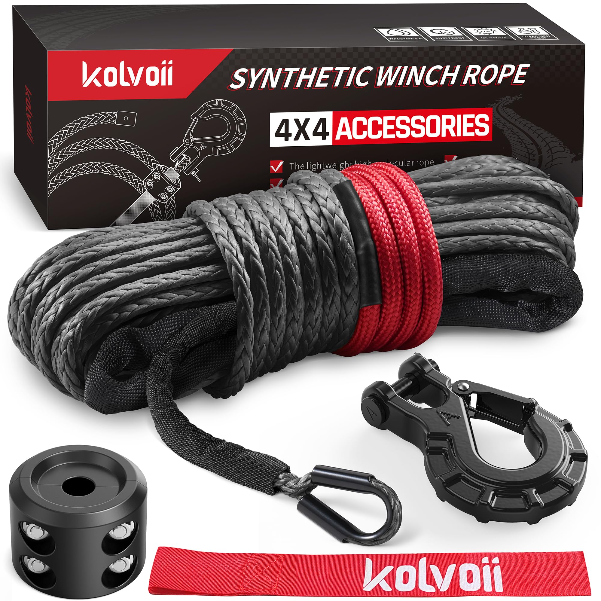 Kolvoii Syntetyczny zestaw linek do wciągarki, 1/4" x 15 m, 3855 kg kabel wciągarki ze stalowym haczykiem, tuleją ochronną i ogranicznikiem kabla wciągarki do ATV UTV pojazdów terenowych itp. (szara