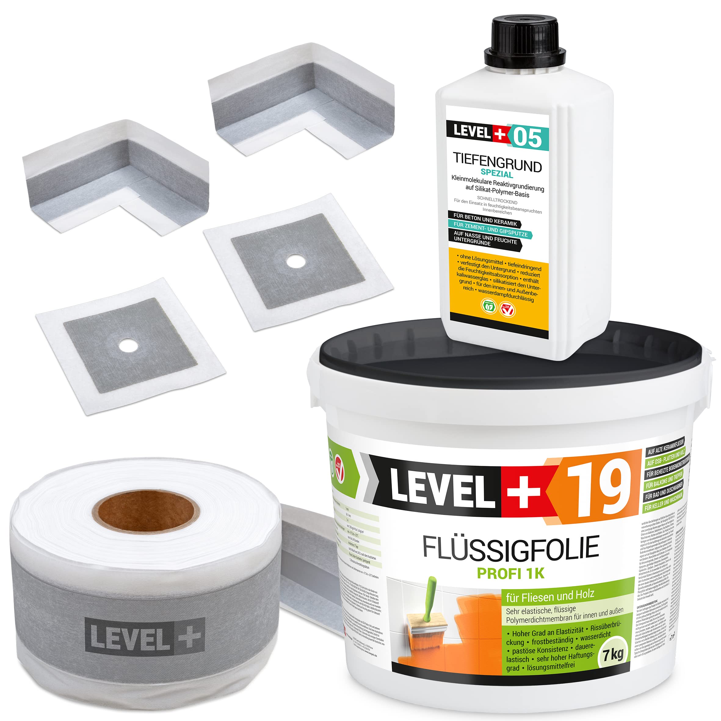 Juego de juntas, lámina líquida de 7 kg sobre azulejos de madera, 2 esquinas interiores, 2 manguitos de pared, cinta de sellado de 5 m, base profunda, 1 l, juego de impermeabilización para ducha,